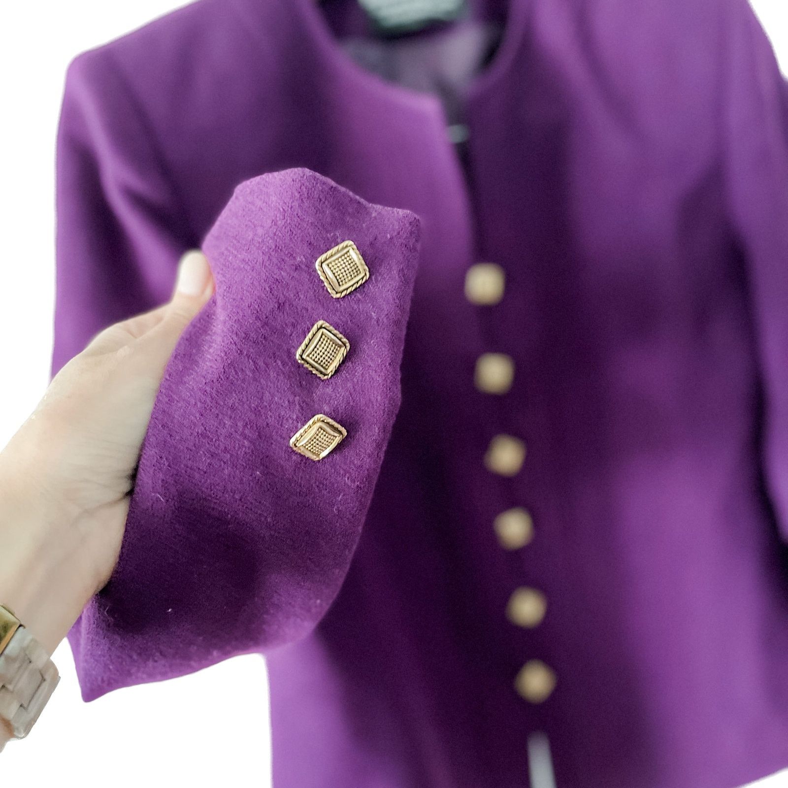 Vintage Vintage 100% Wool Purple Collarless Blazer Jacket 10P/MP Size L / US 10 / IT 46 - 4 Thumbnail