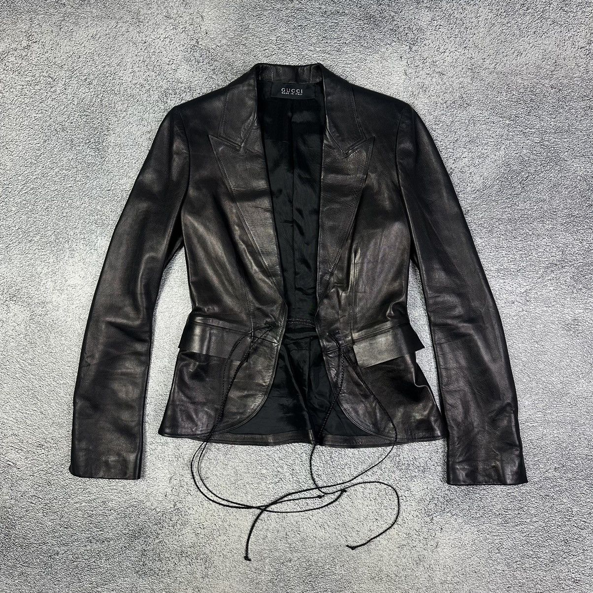 image of Archival Clothing x Gucci Vintage Tom Ford Black Genuine Leather Blazer Jacket, Women's (Size XS)