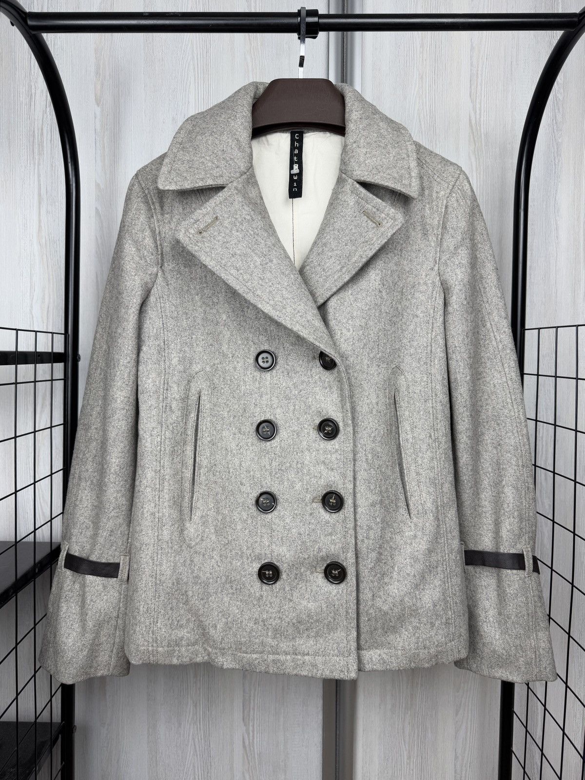 Other ChatCwin Grey Wool Double-Breasted Coat leather trim size 46 Size L / US 10 / IT 46 - 2 Thumbnail
