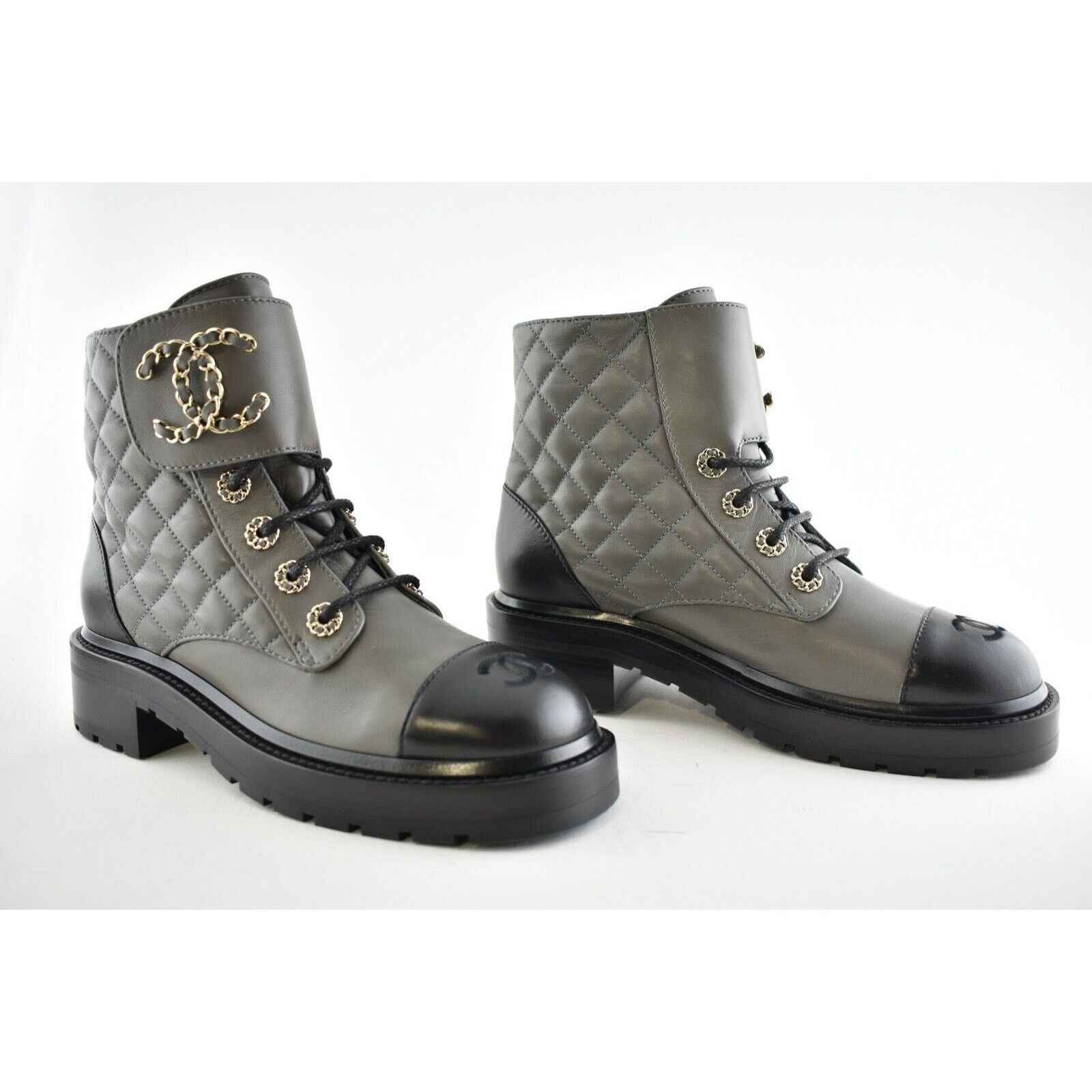 Chanel Chanel 21A Grey Black Quilted CC Chain Combat Lace Up Size US 10 / IT 40 - 4 Thumbnail
