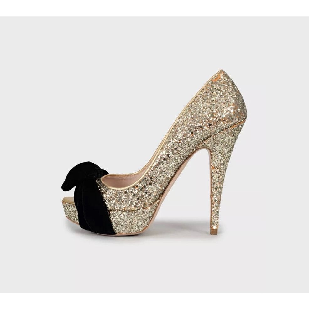 Miu Miu Miu Miu Gold Leather Peep-Toe Heels with Velvet Bow Sz.38 Size US 8 / IT 38 - 1 Thumbnail