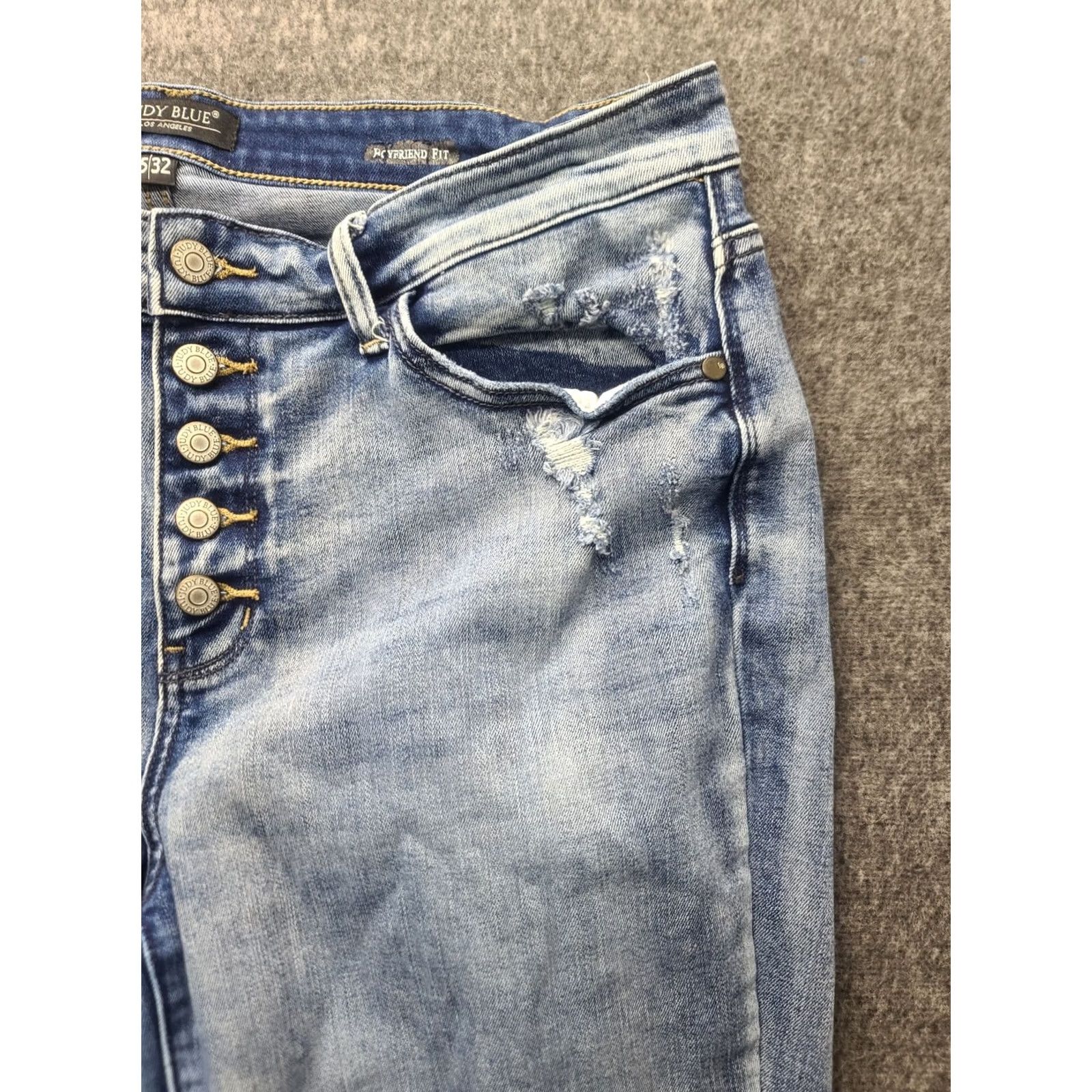 Vintage Judy Blue Jeans Womens 34x30 Boyfriend High Rise Button Fly Distressed Raw Blue Denim Regular 5-Pocket Rise: High Mens? Size 24" / US 00 / IT 34 - 7 Thumbnail