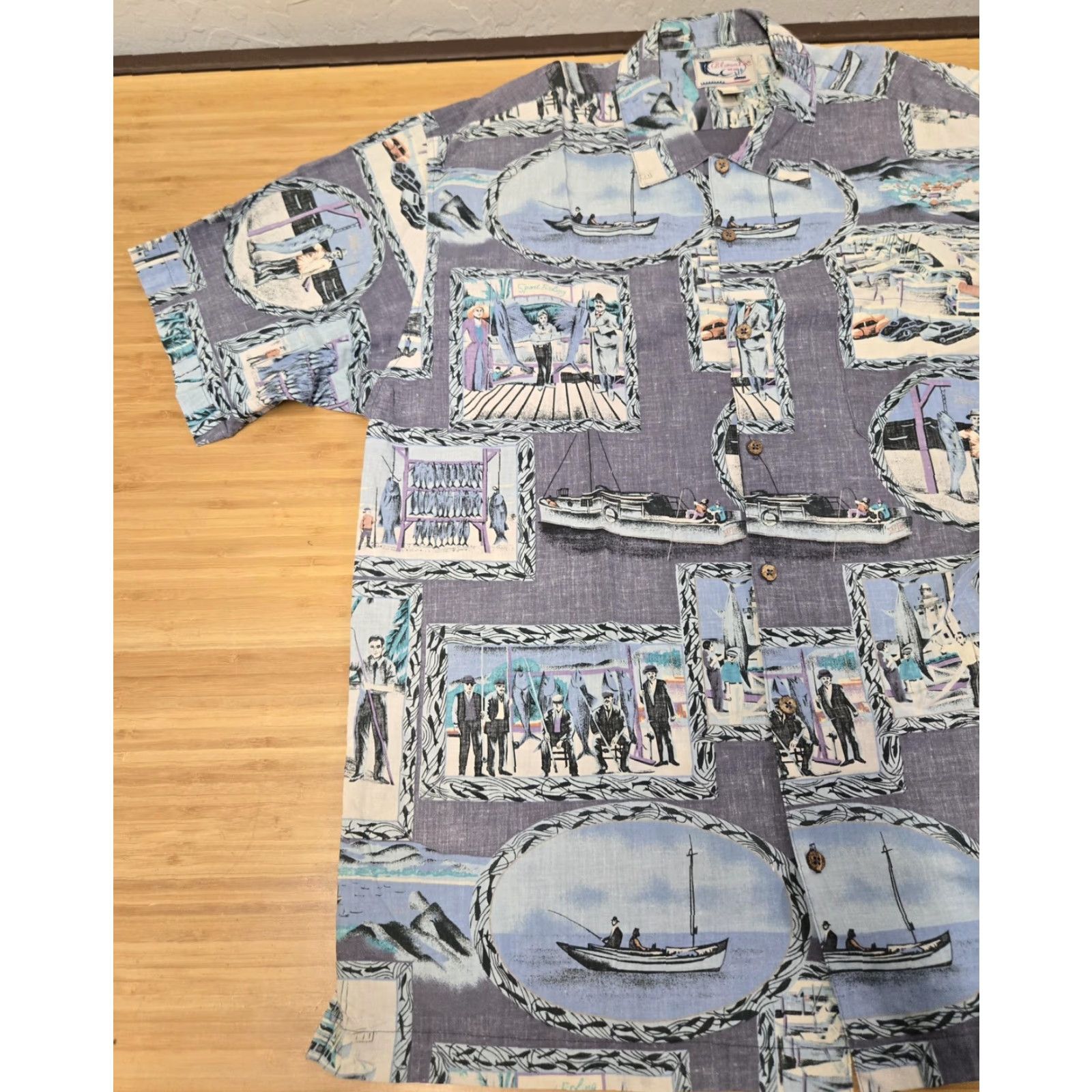 ALOHAS Bluewater Wear Shirt Mens 2XL Blue Gray Hawaiian Aloha Fishing Button Front USA Size US XXL / EU 58 / 5 - 3 Thumbnail