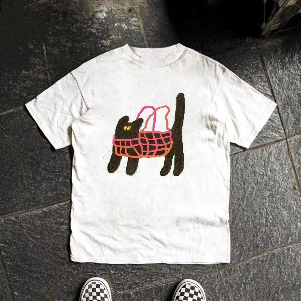 Vintage White retro cute cat print cotton t-shirt Size US M / EU 48-50 / 2 - 1 Thumbnail