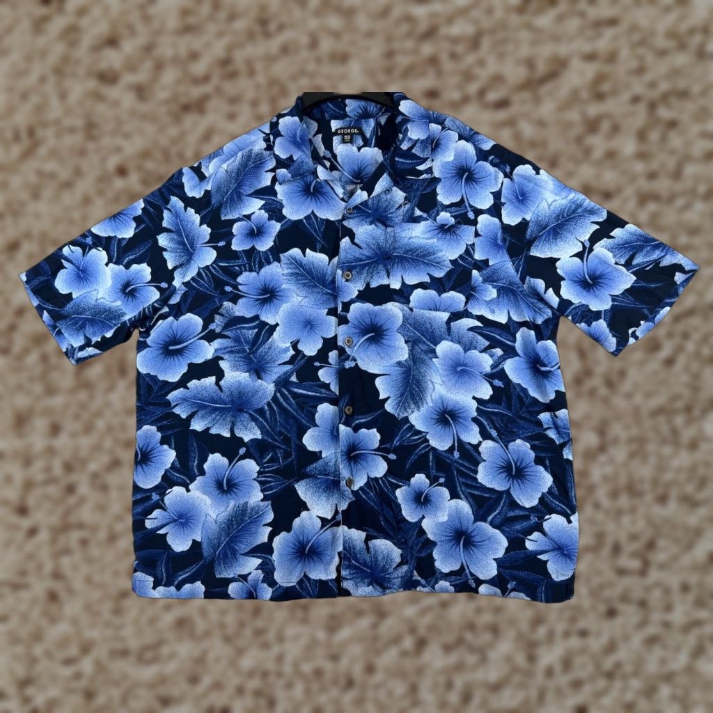 George George Men's Hawaiian Button-Up Shirt 2XL Blue Floral Rayon Short Sleeve Casual Size US XXL / EU 58 / 5 - 1 Thumbnail