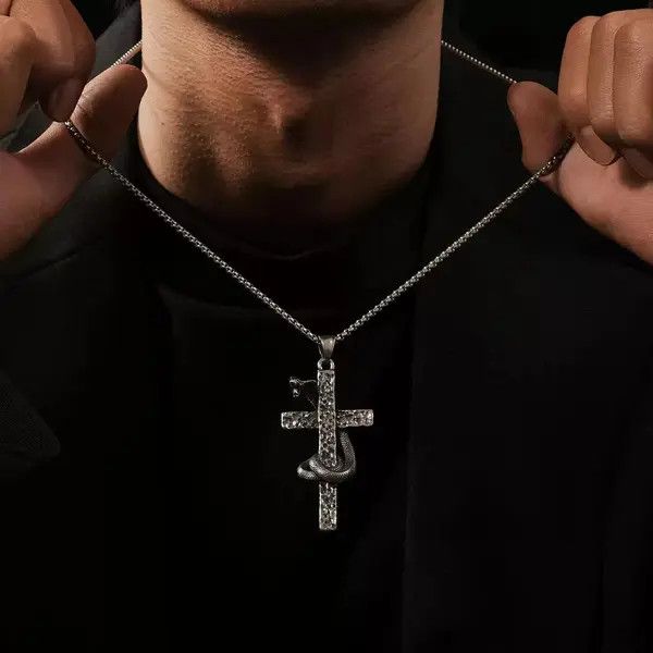 Jewelry Silver Cross Pendant Necklace with Snake Detail Size ONE SIZE - 6 Thumbnail