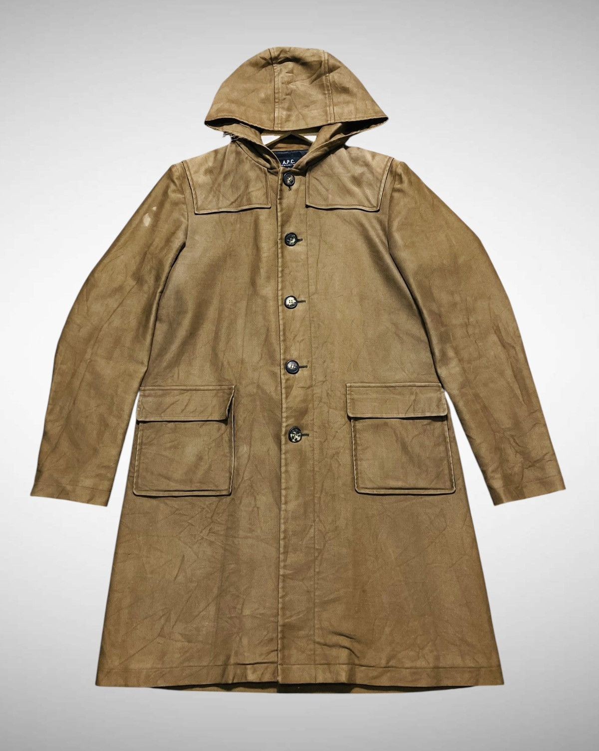 A.P.C. Distressed Vintage A.P.C Heavy/Wax Cotton Long Hooded Jacket Size US L / EU 52-54 / 3 - 1 Thumbnail