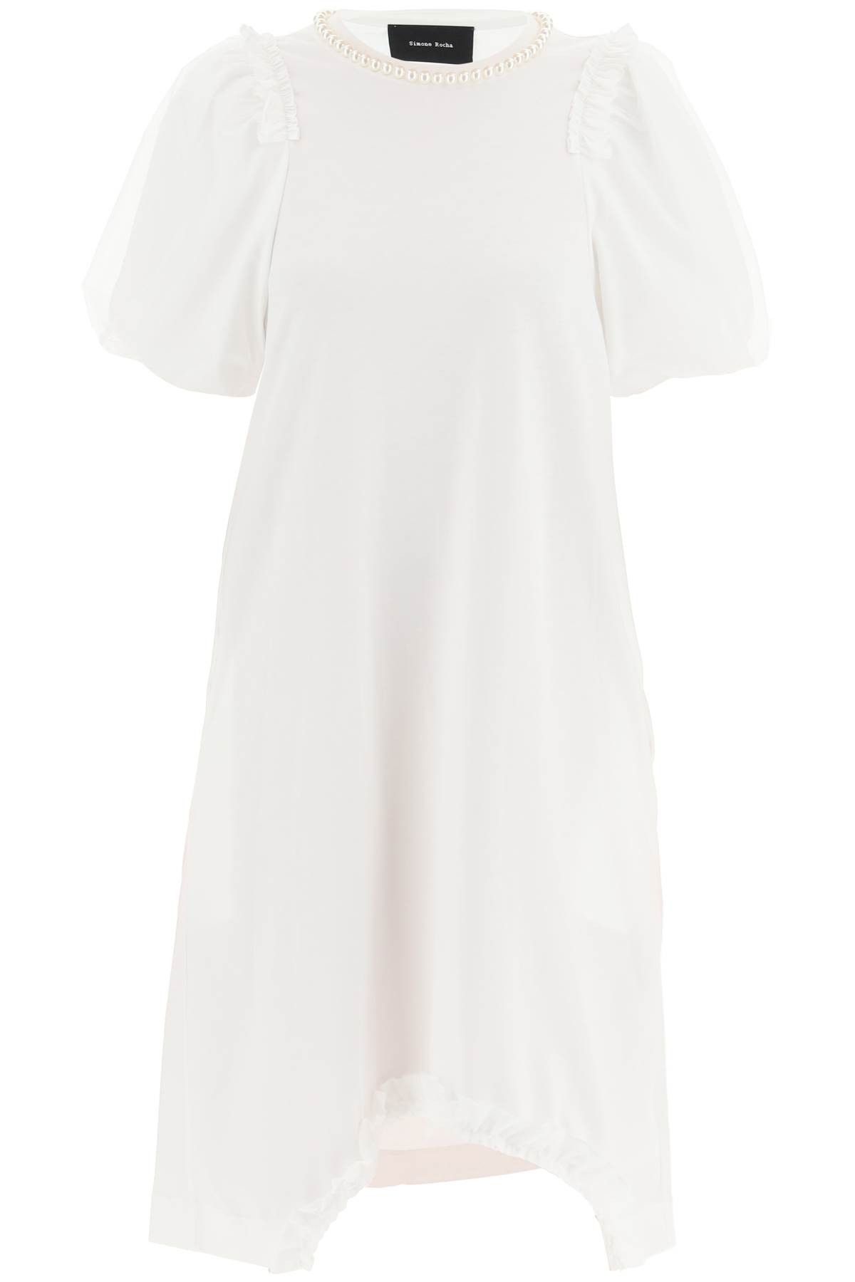 image of Simone Rocha Cotton Dress With Tulle Sleeves And Pearls in Bianco, Women's (Size XS)