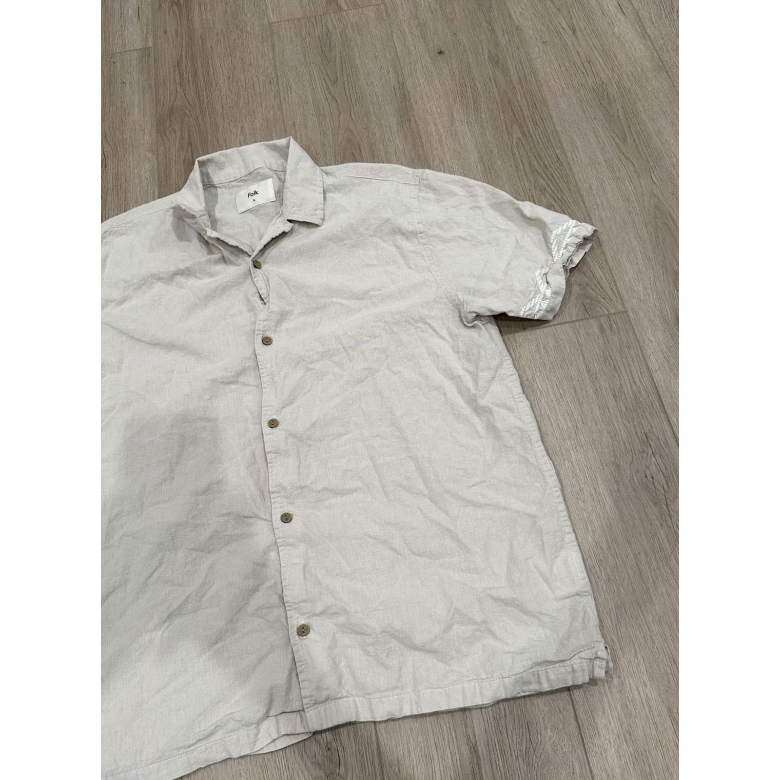 Folk Folk Shirt XL Beige Linen Cotton Blend Camp Collar Short Sleeve Button-Up Mens Size US XL / EU 56 / 4 - 2 Thumbnail