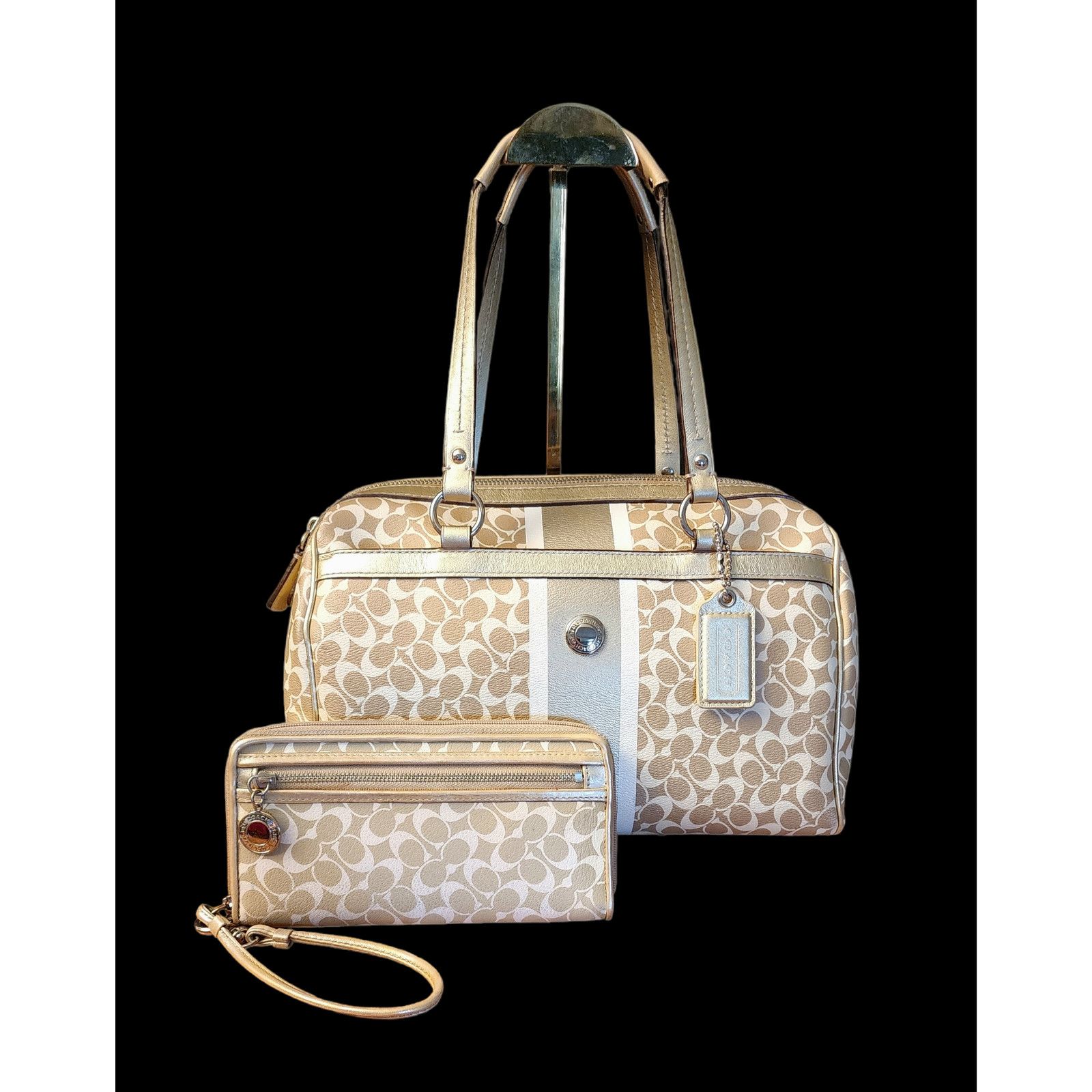 image of Coach Chelsea Heritage Satchel Tan & White & Matching Wallet, Women's