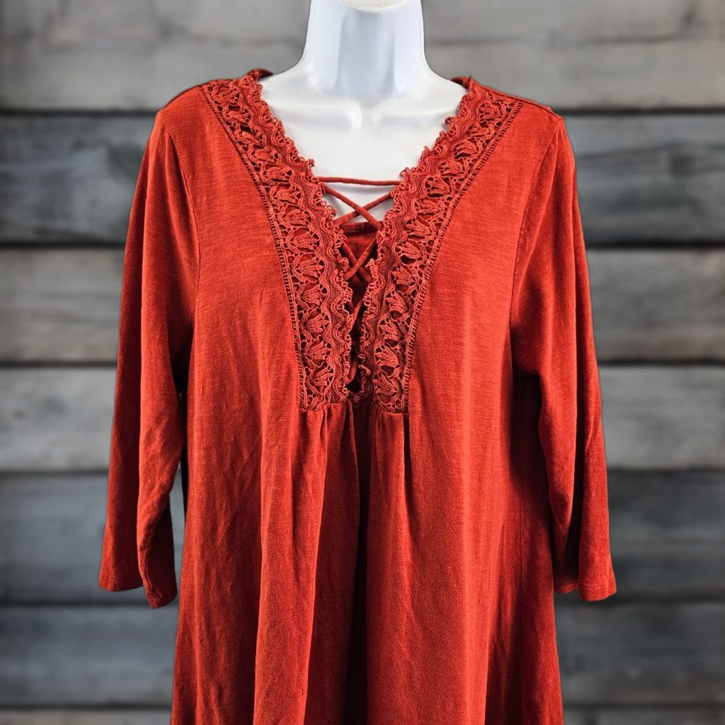 Vintage Chico's Women's Top Shirt L Red 3/4 Sleeve Cotton Blend Crochet Lace Rust Blouse Womens Size L / US 10 / IT 46 - 1 Thumbnail