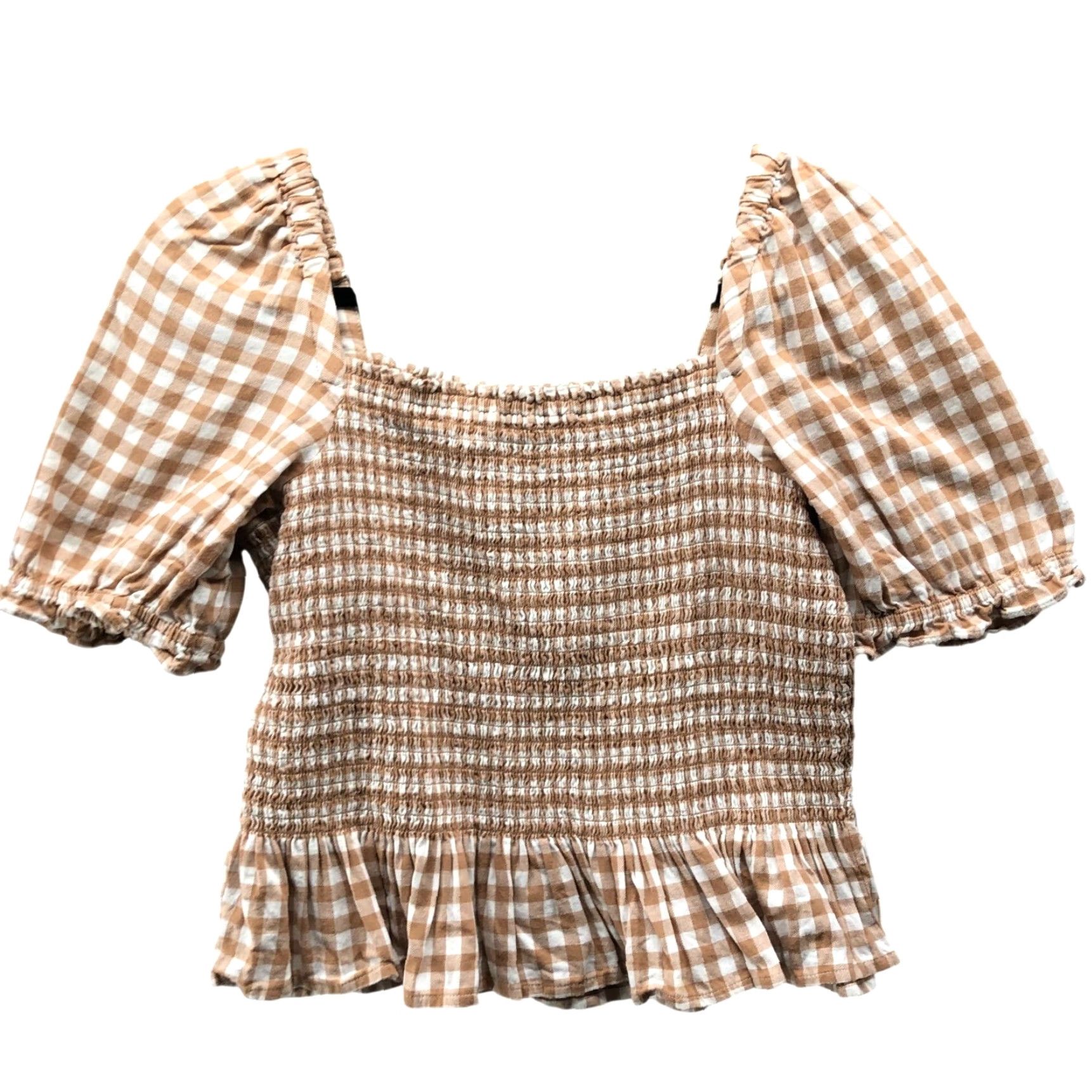 J.Crew VINTAGE J. Crew Flannel Smocked Top Womens S Puff Sleeve Peplum Gingham Tan Cropped Size S / US 4 / IT 40 - 2 Thumbnail