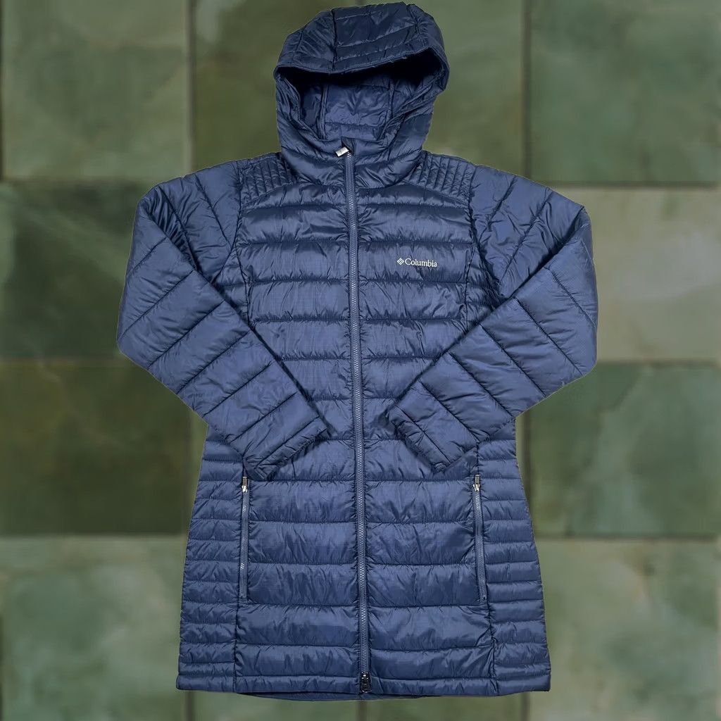 Vintage Columbia Womens Small Blue Hooded Puffer Coat Mid-Length Quilted Winter Warm Regular Zip Pocket Size S / US 4 / IT 40 - 1 Thumbnail