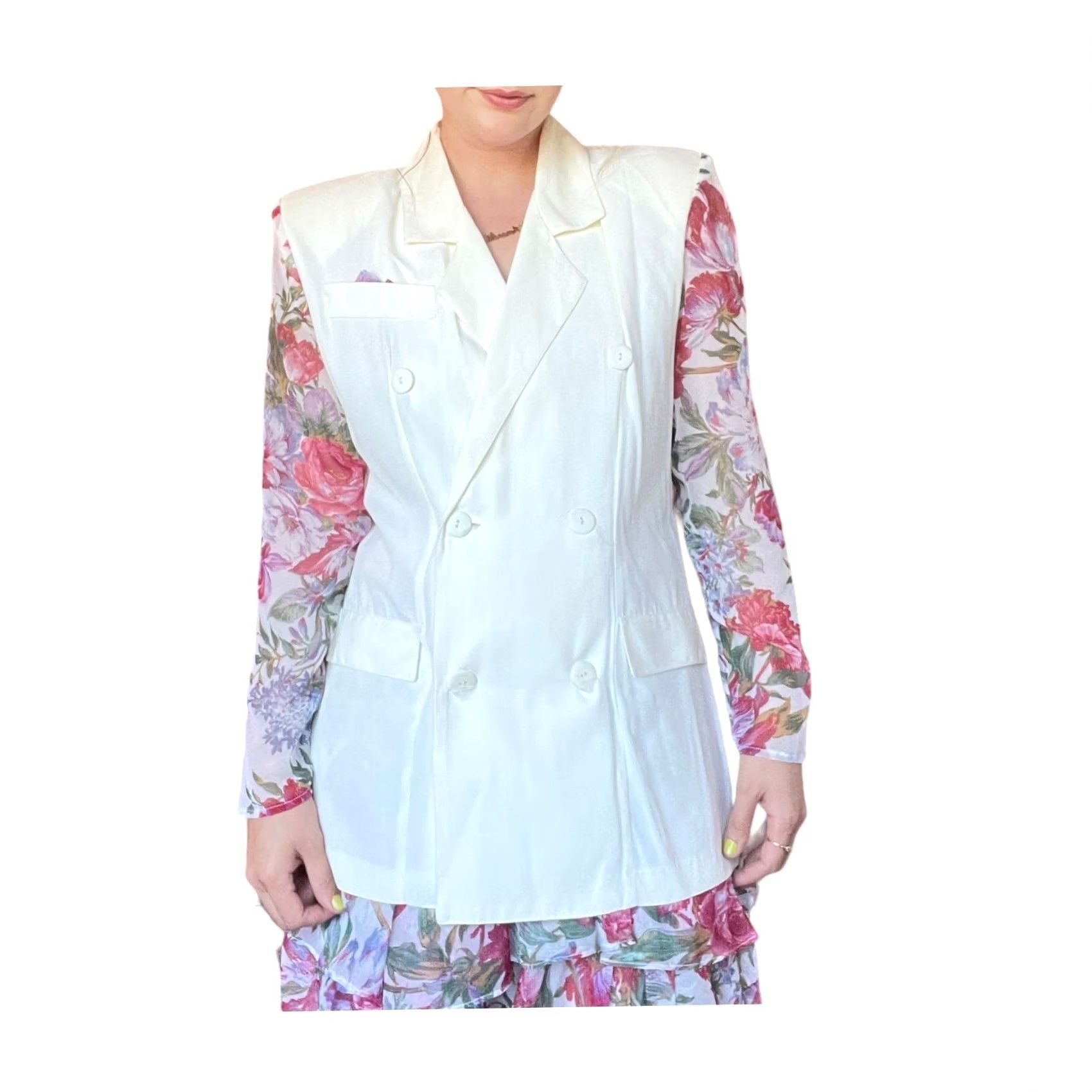 Vintage VINTAGE Floral Set: Cream Pink 70s Blazer Skirt Outfit Women's M Party/Cocktail Size 32" / US 10 / IT 46 - 2 Thumbnail