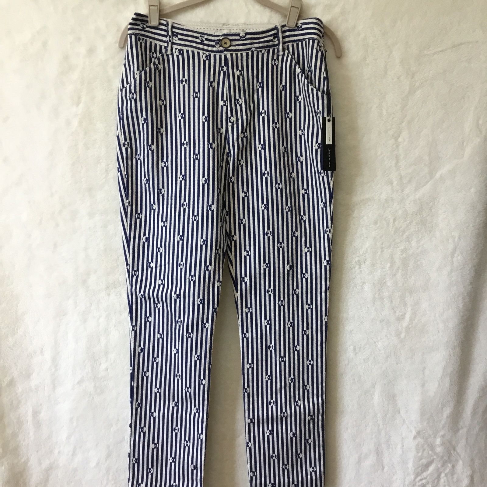 Anthropologie Anthropologie Blue & White Slim Trousers with Embroidery Size 27" / US 4 / IT 40 - 1 Thumbnail