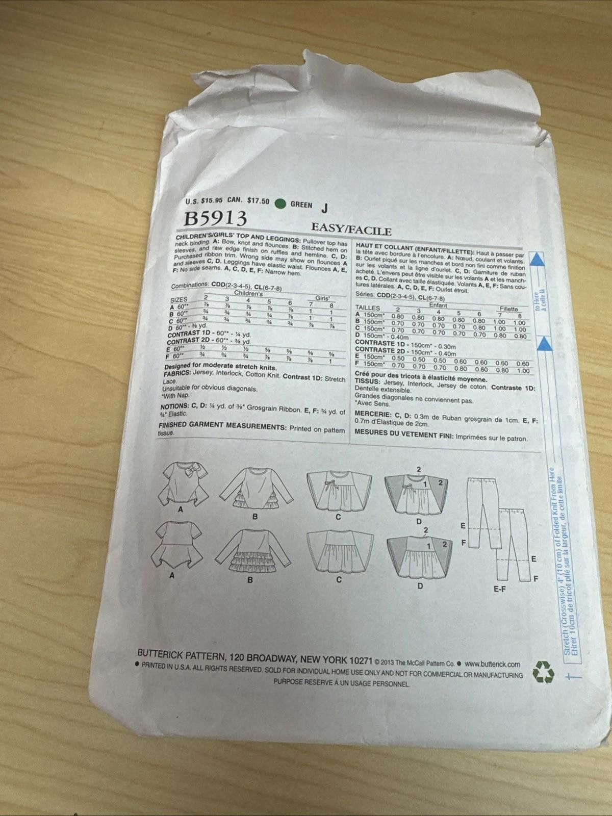 Other Butterick PATTERN CHILDREN'S/GIRLS LEGGINGS & TOP S 2,3,4,5 Size ONE SIZE - 3 Thumbnail