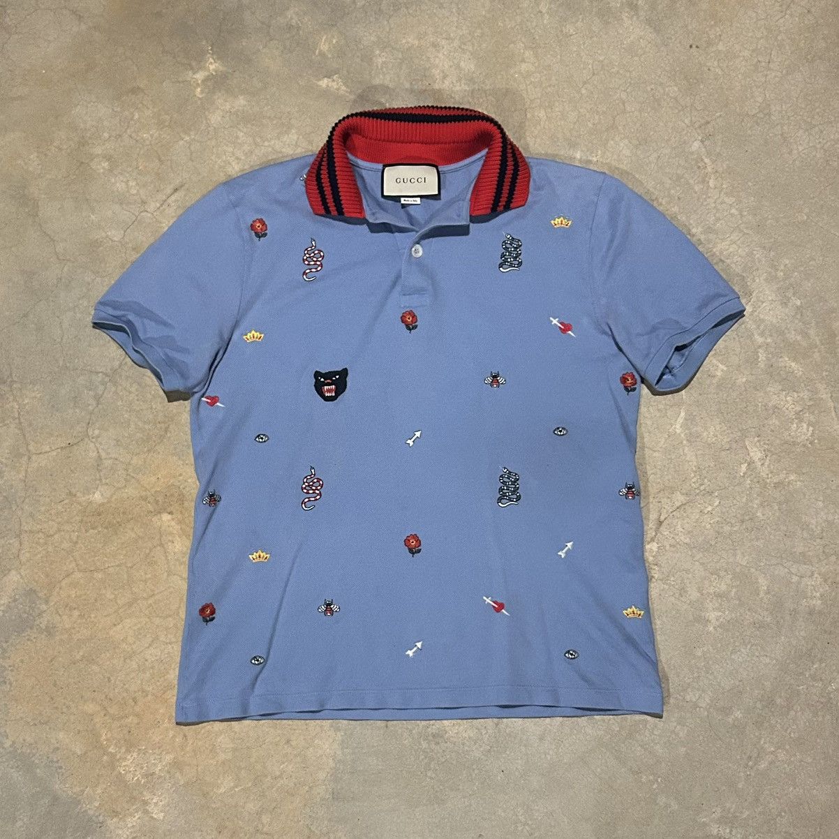 Gucci Embroidered Patch Motif Web Stripe Collar Polo Shirt