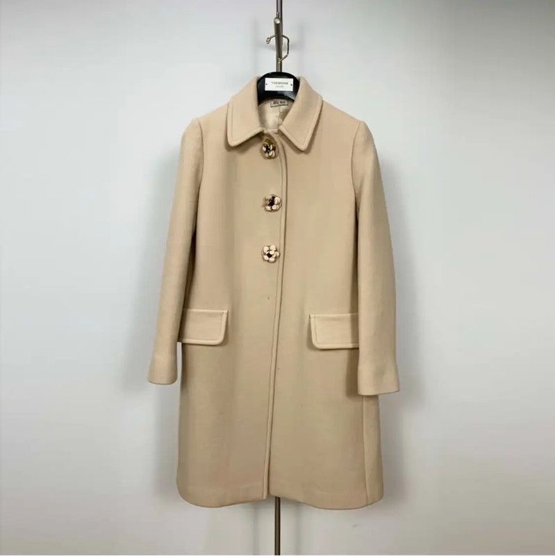 Miu Miu Miu Miu Beige Wool Logo-Trimmed Coat 0089 Size M / US 6-8 / IT 42-44 - 1 Thumbnail