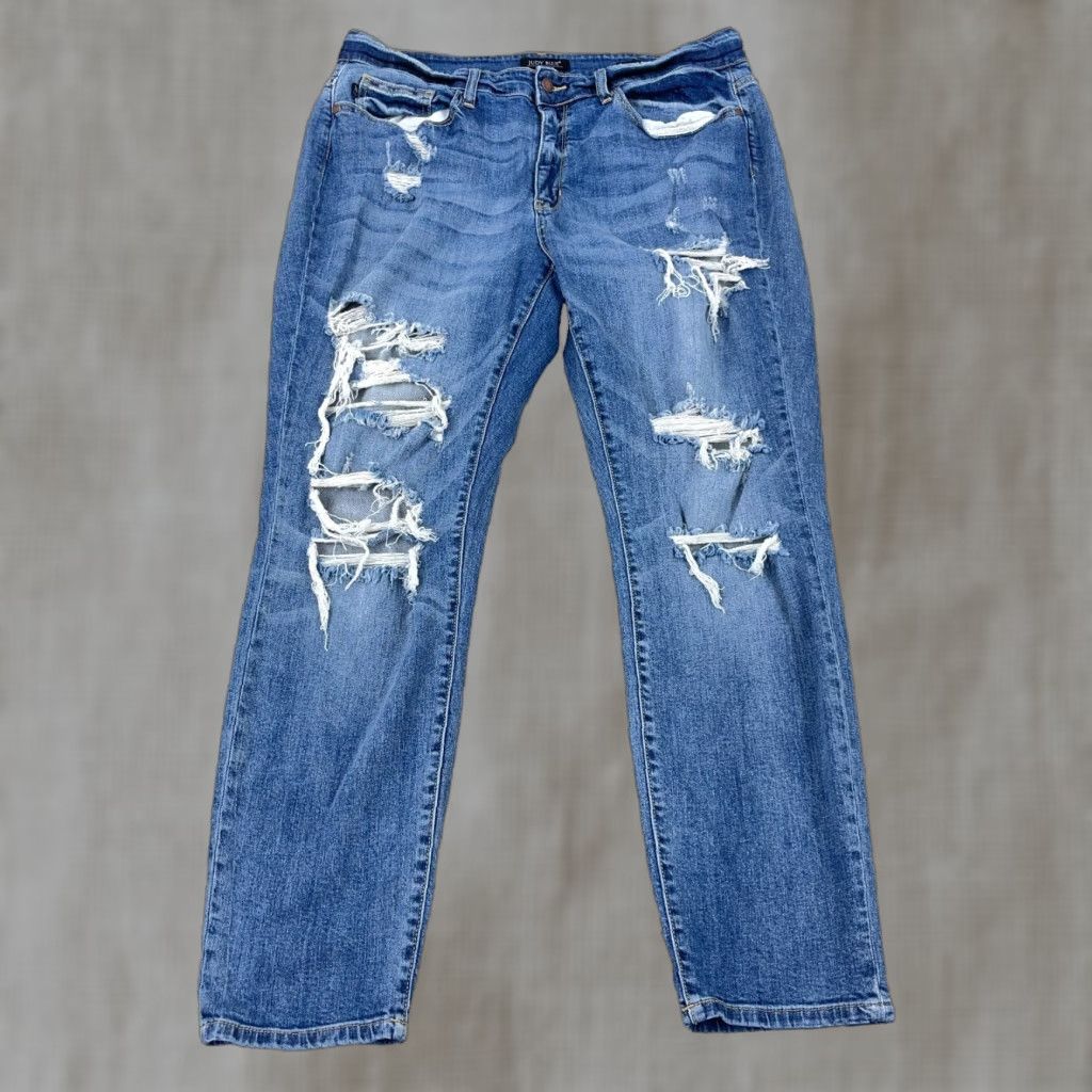 Vintage Judy Blue Jeans Women 16W Boyfriend Fit Straight Leg Med Wash Faded Holes Size 38" / US 16 / IT 52 - 1 Thumbnail