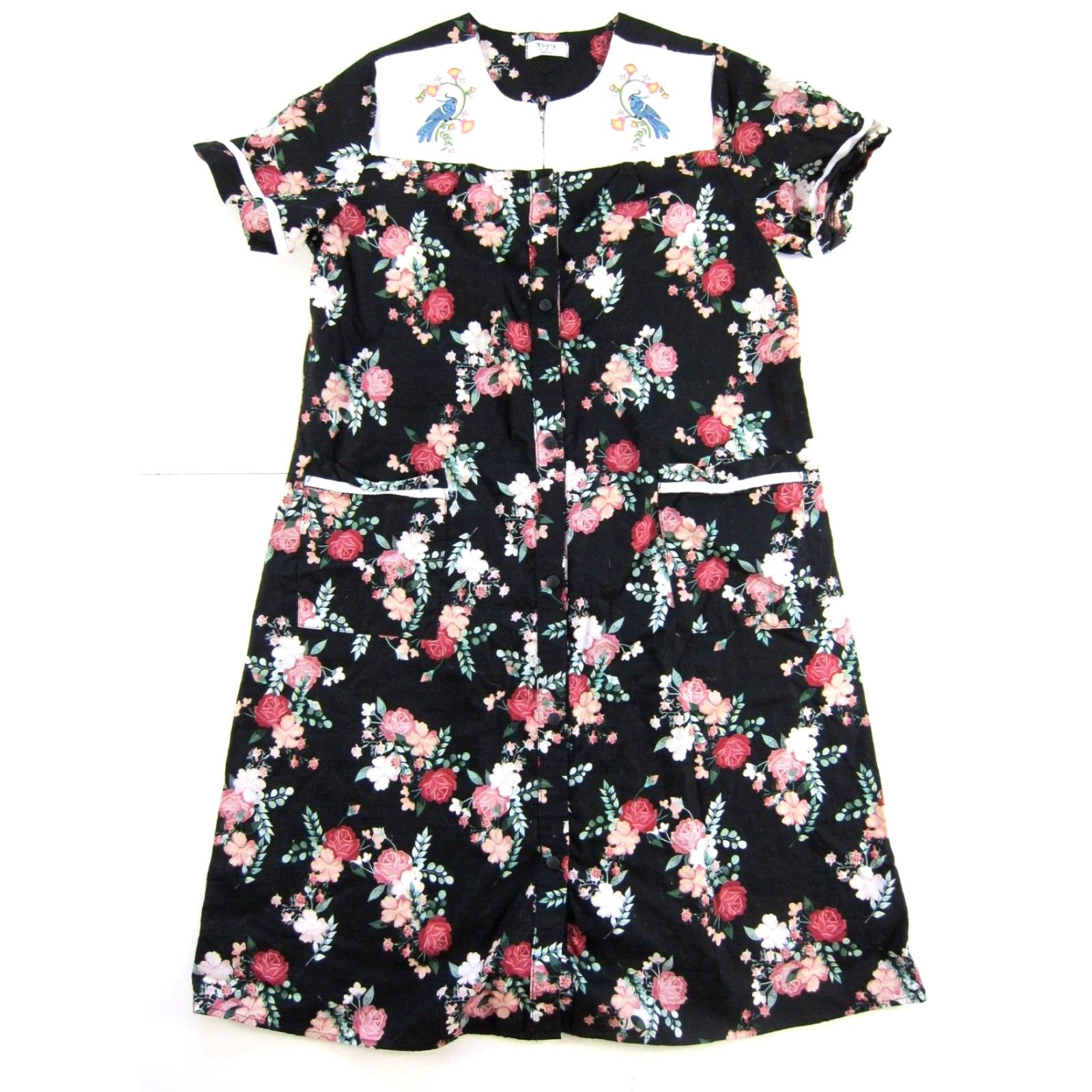 Pinko Yozly Cotton Stretch Black Pink Floral Bird Button Down Pocket House Dress Small Size S / US 4 / IT 40 - 2 Thumbnail