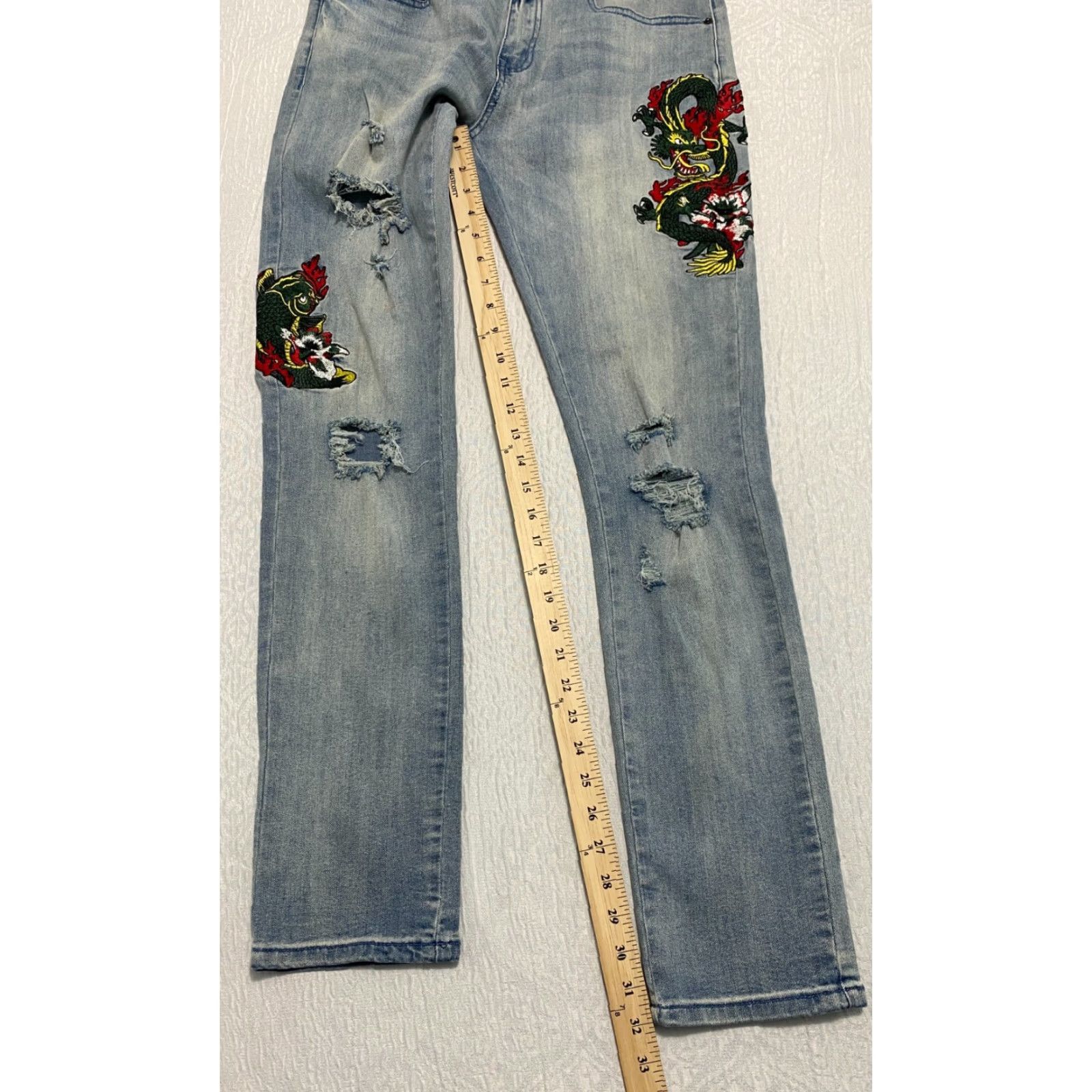 Vintage Y&R Young Reckless Jeans Mens 30 Blue Distressed 5-Pocket Denim Skinny Slim Patch Embroidered Casual Streetwear Distressed Jeans Men 30 Blue Size US 31 - 6 Thumbnail