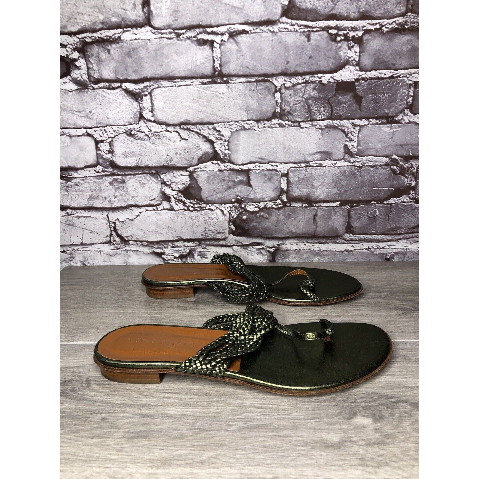 Other Via Spiga Metallic Green Leather Braided Flats Sandals Women Size US 8.5 / IT 38.5 - 3 Thumbnail
