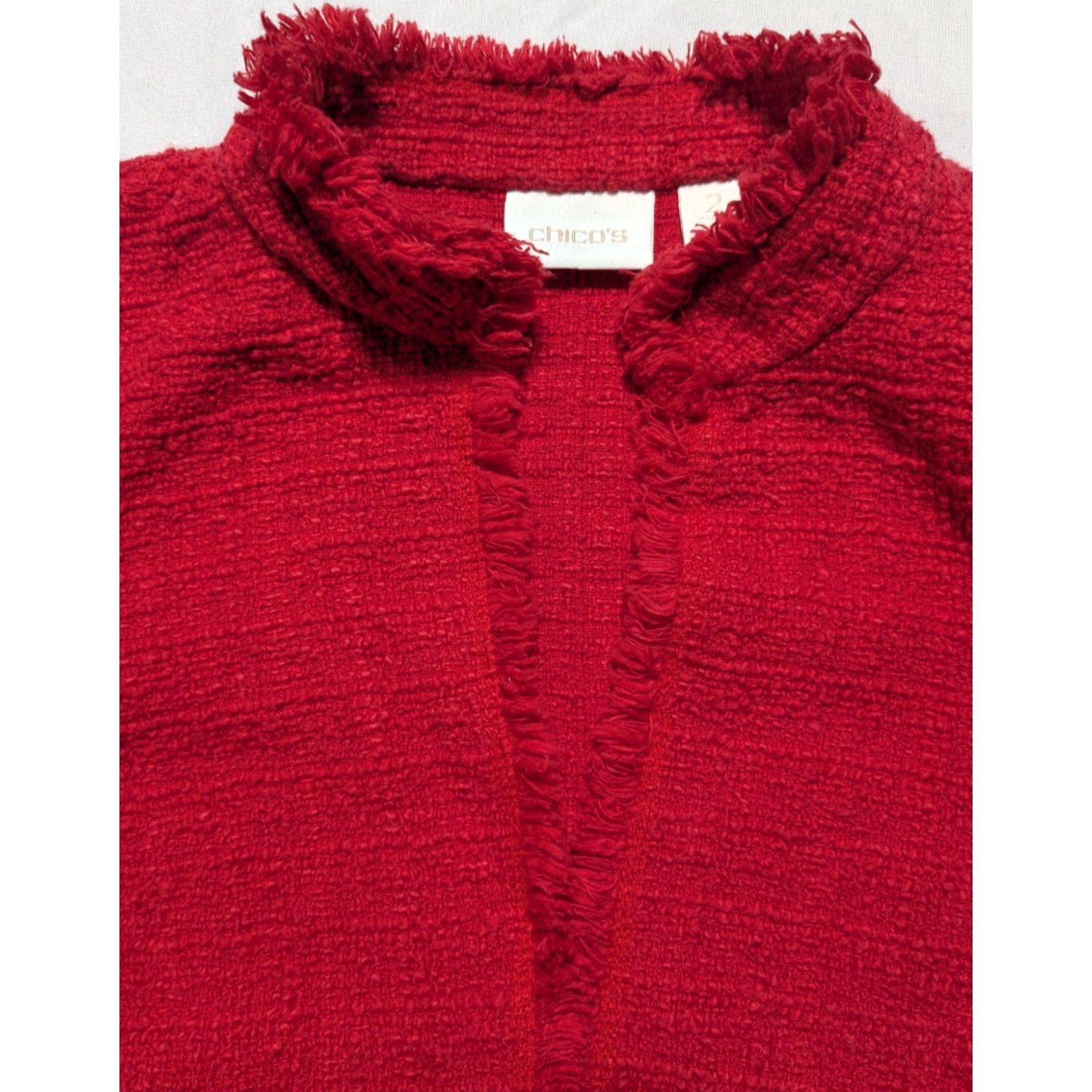 Vintage Chicos Raw-Edge Tweed Jacket Duster Cardigan Mandarin Collar Red Size L Large Womens Sweater Knit Open Front Size L / US 10 / IT 46 - 3 Thumbnail