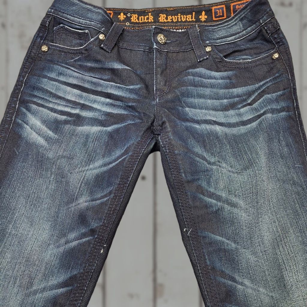 Vintage Rock Revival Debbie Boot Cut Jeans Women's 31×34 Bootcut Denim Blue Distressed Logo 5-Pocket Western Cowboy Rock Revival Debbie bootcut Women 31×34 Size 24" / US 00 / IT 34 - 1 Thumbnail