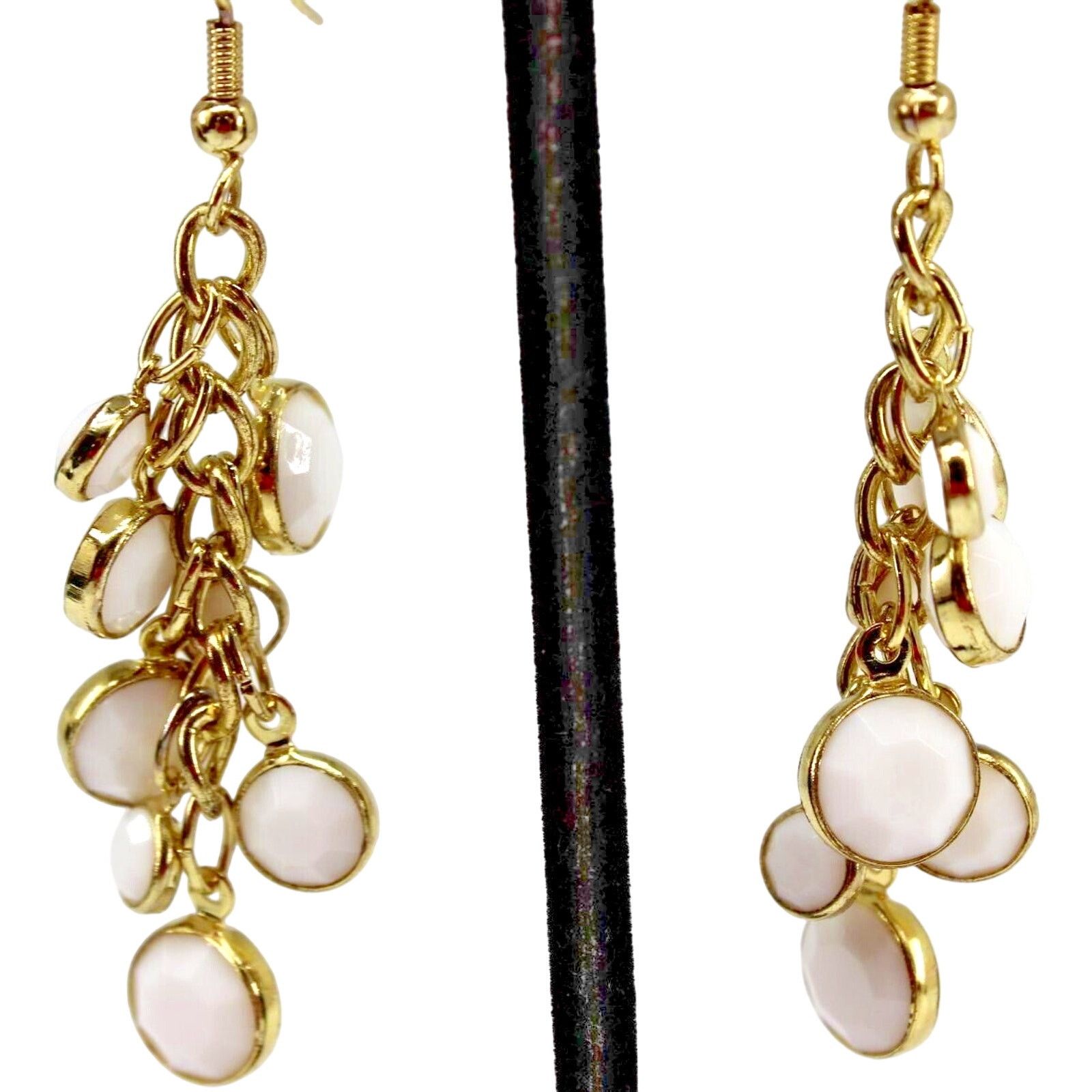 Other Goldtone and White Orb Bezel Set Dangle Earrings •2.25" Long Size ONE SIZE - 1 Thumbnail