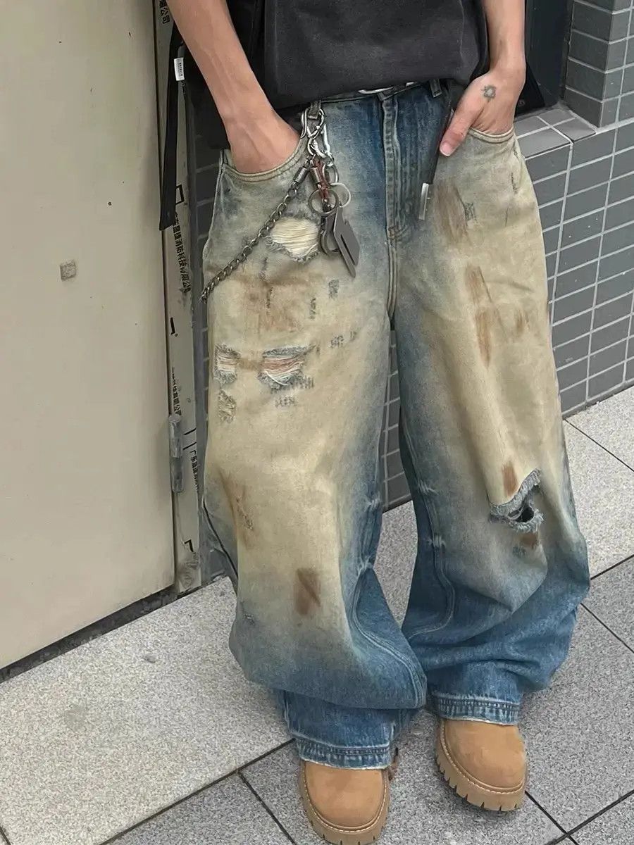 Japanese Brand × Jean Loose straight leg floor mopping gradient yellow mud jeans Size US 32 / EU 48 - 3 Thumbnail