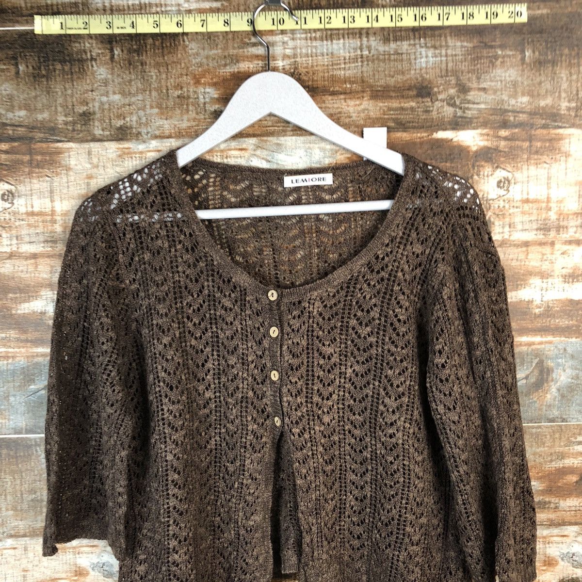 Japanese Brand Lemiore Brown crochet mesh net Cardigan Knitwear #A1482 Size M / US 6-8 / IT 42-44 - 5 Thumbnail