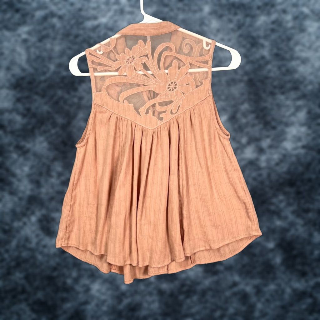 Free People Free People Womens Blouse Shirt XS Sleeveless Peach Sheer Lace-Trimmed Casual 90s? Size XS / US 0-2 / IT 36-38 - 1 Thumbnail