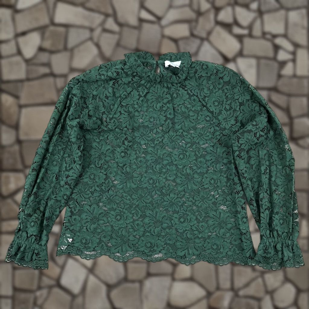 Vintage Hill House Blouse Top Womens XS Green Millie Floral Lace Sheer Ruffle Neck Shirt Size XS / US 0-2 / IT 36-38 - 1 Thumbnail