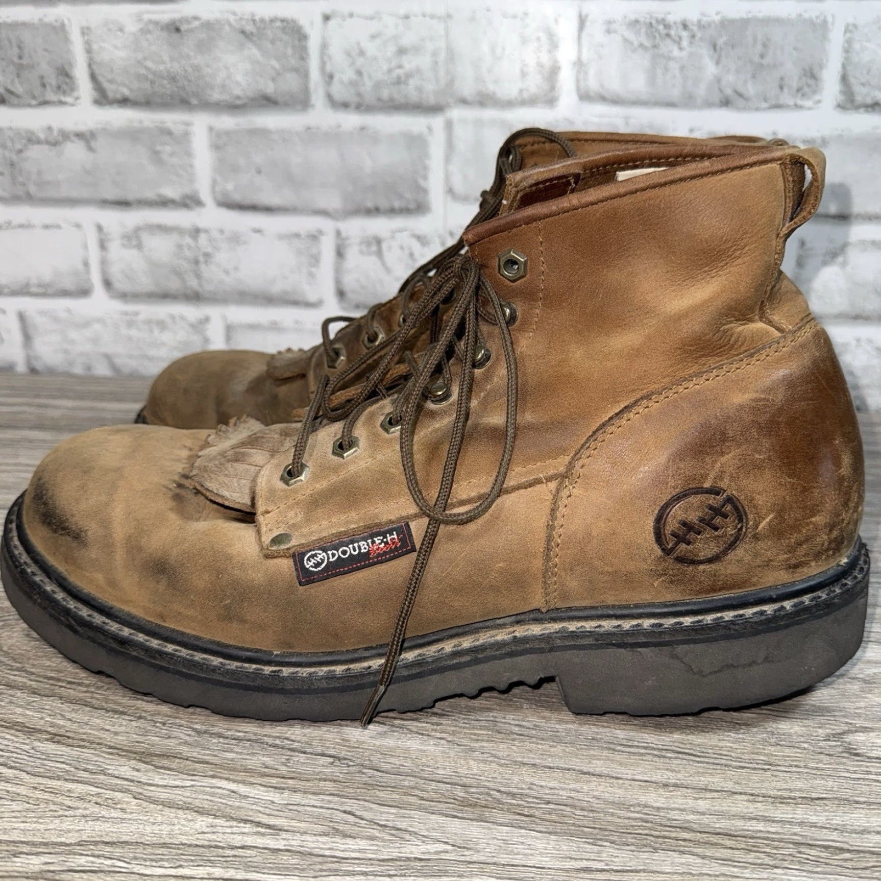 Vintage Double-H Work Boots Men’s 12D STK#9728 Brown Leather Toe: Steel Leather Upper, Lace-Up, Oil-Resistant Sole, Pre-owned Mens Boot Size US 12 / EU 45 - 4 Thumbnail