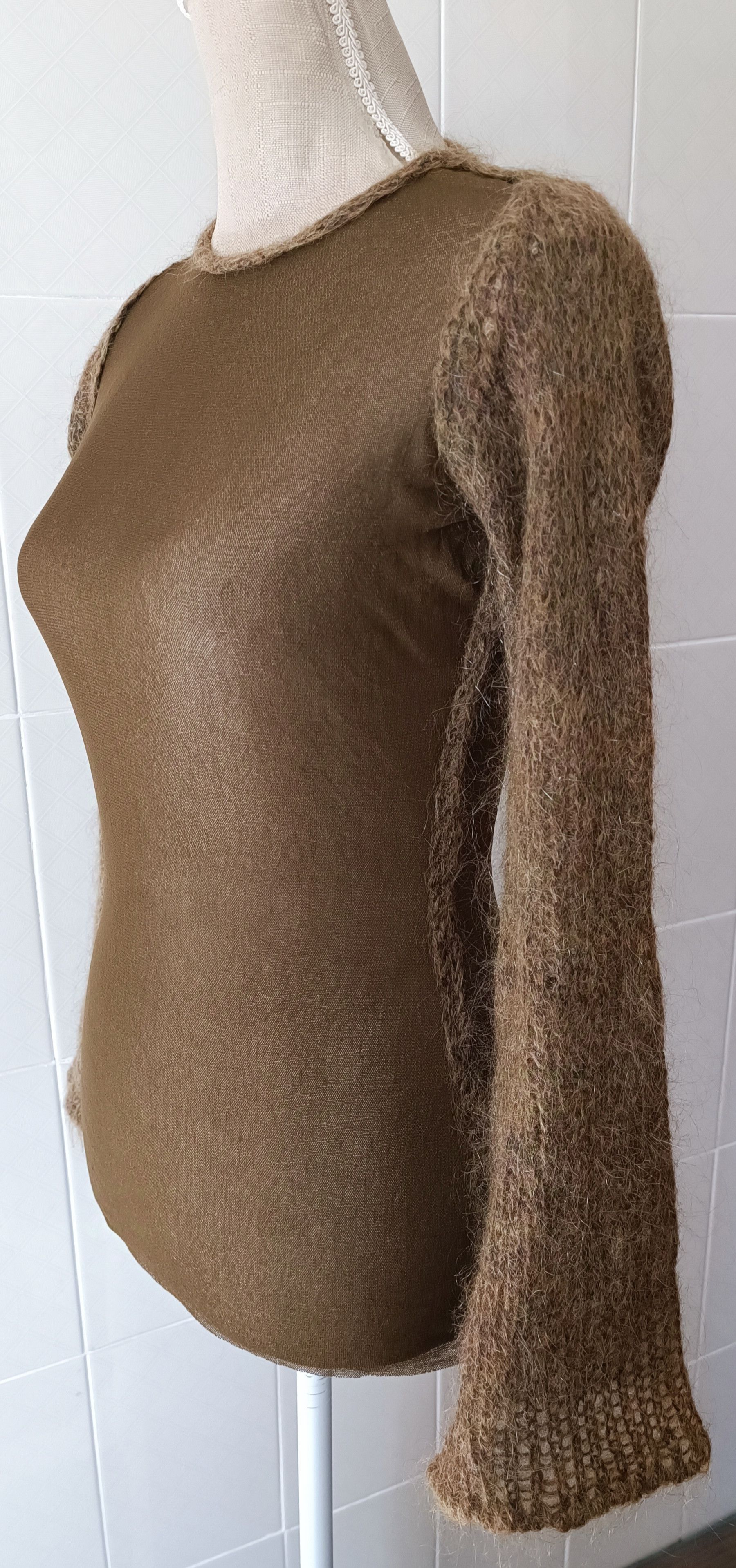 Jean Paul Gaultier 90's- Mohair sleeves and nylon micro mesh top Size XS / US 0-2 / IT 36-38 - 1 Thumbnail