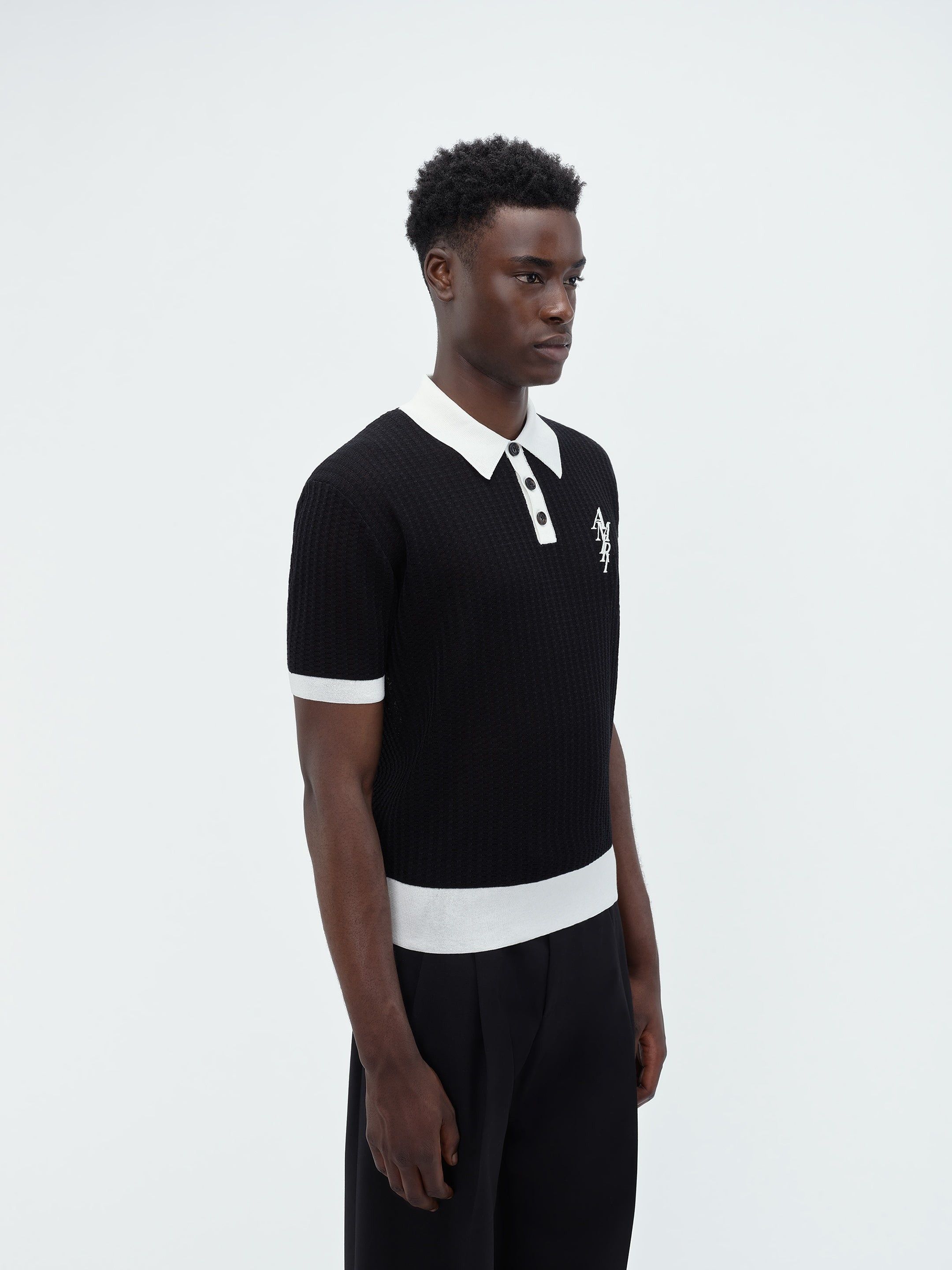 Amiri o1s1wg110525 Waffle Stitch Polo Shirt in Black/White Size US M / EU 48-50 / 2 - 4 Thumbnail