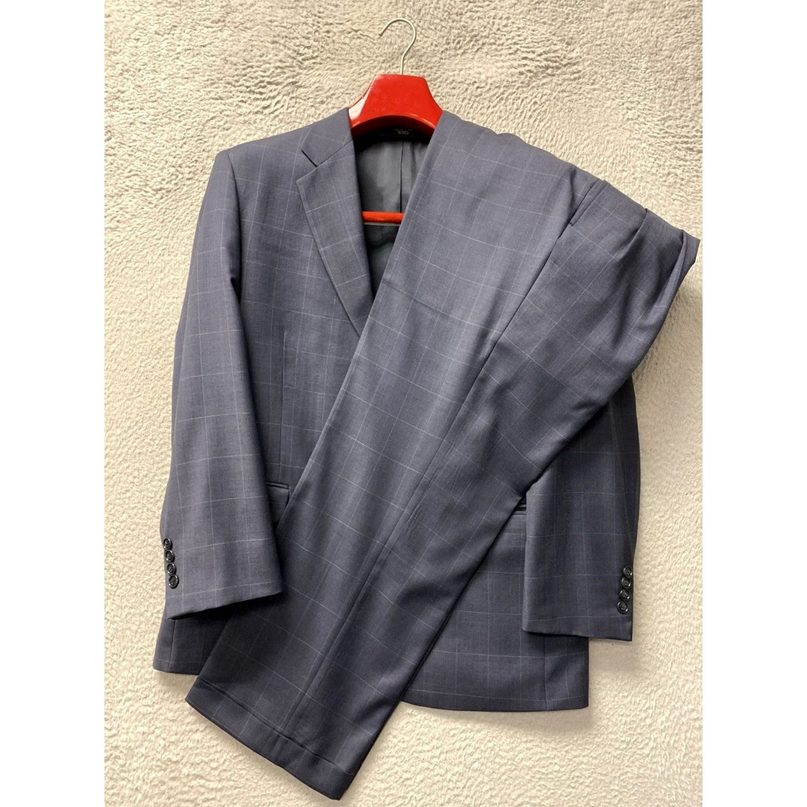 Jones New York Jones New York Suit Men’s 42R Dark Blue Check Wool 2 Piece Jacket Pants 34x30 Long Double-Vented Notch Lapel Regular Fit Wool Suit Set 0794 Size 42R - 2 Thumbnail