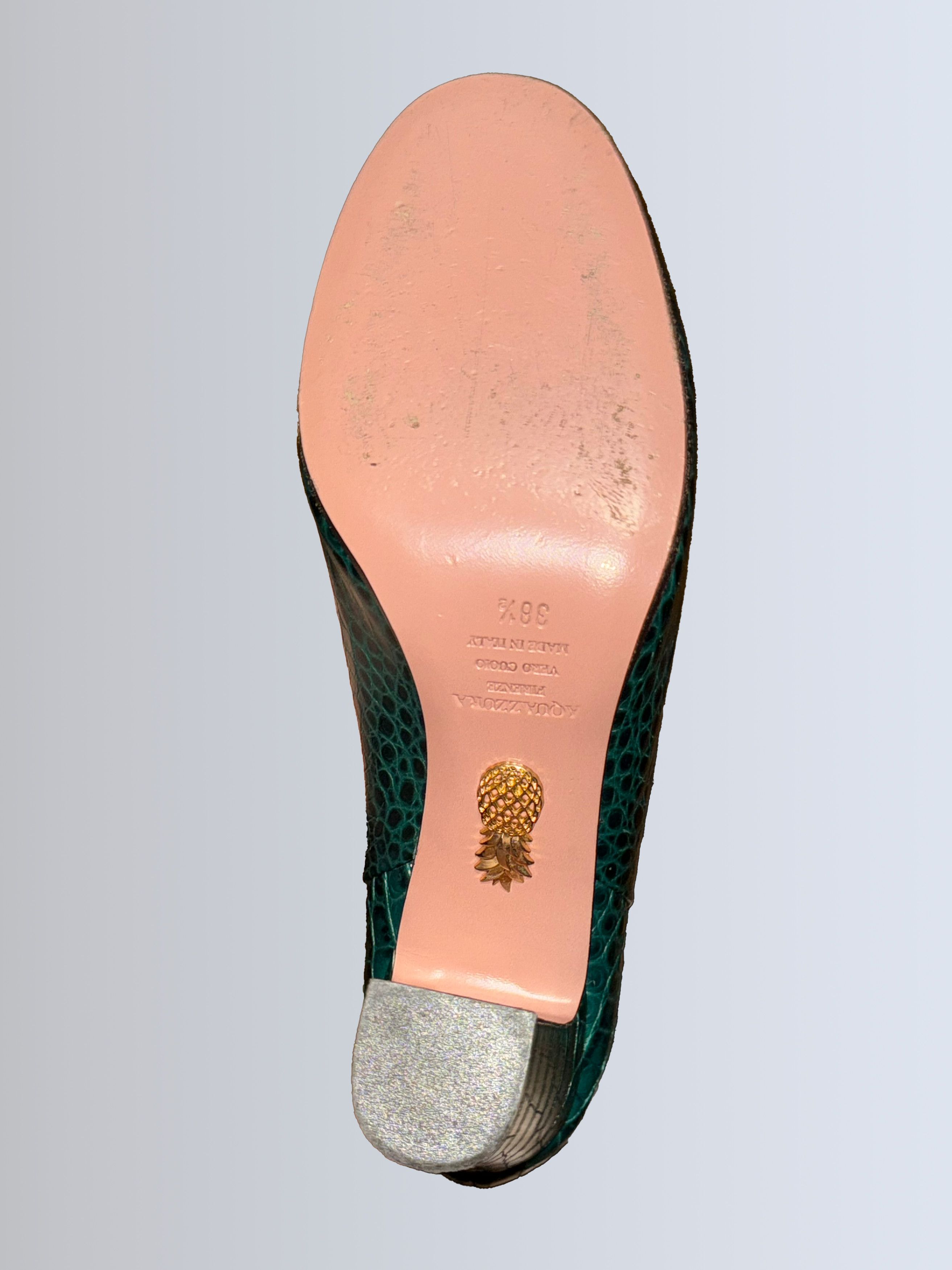 image of Aquazzura Aquazzura Brera Green Croc Embossed Leather Boots, Women's (Size 7.5)