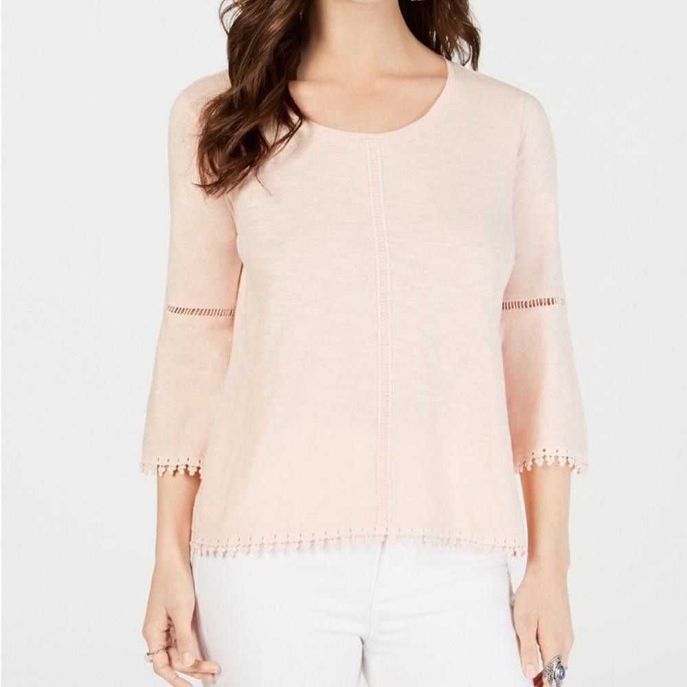 Designer Style & Co l Pink Cotton Crochet Trim Bell Sleeve Top Small Size S / US 4 / IT 40 - 8 Thumbnail