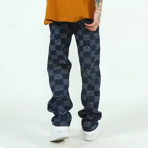 Jean Check Pattern Graphic Blue Denim Jeans Size US 32 / EU 48 - 2 Thumbnail
