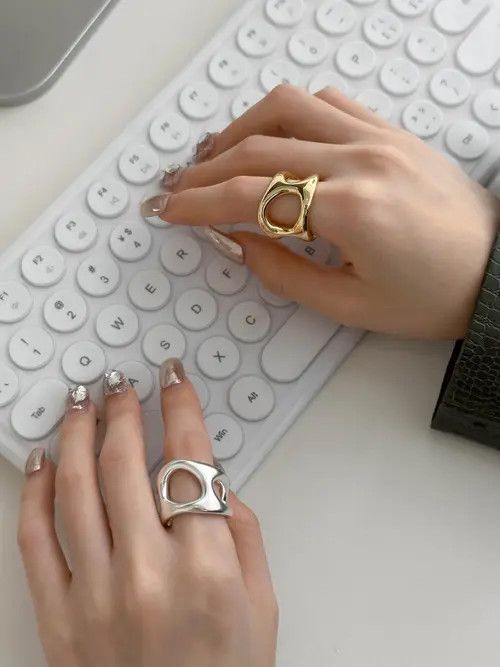 Jewelry Liquid Metal Chunky Hollow Open Adjustable Set Of Rings Size ONE SIZE - 4 Thumbnail