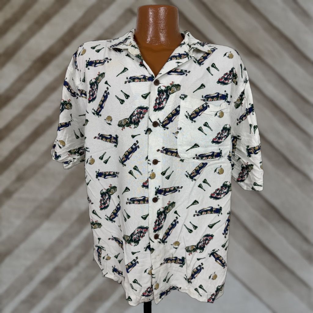 Vintage VINTAGE Halifax Outfitters Golf Shirt Men M White Graphic Print 90s Hawaiian Hipster Outdoor Sports Lightweight Rayon Coffees? Size US M / EU 48-50 / 2 - 1 Thumbnail