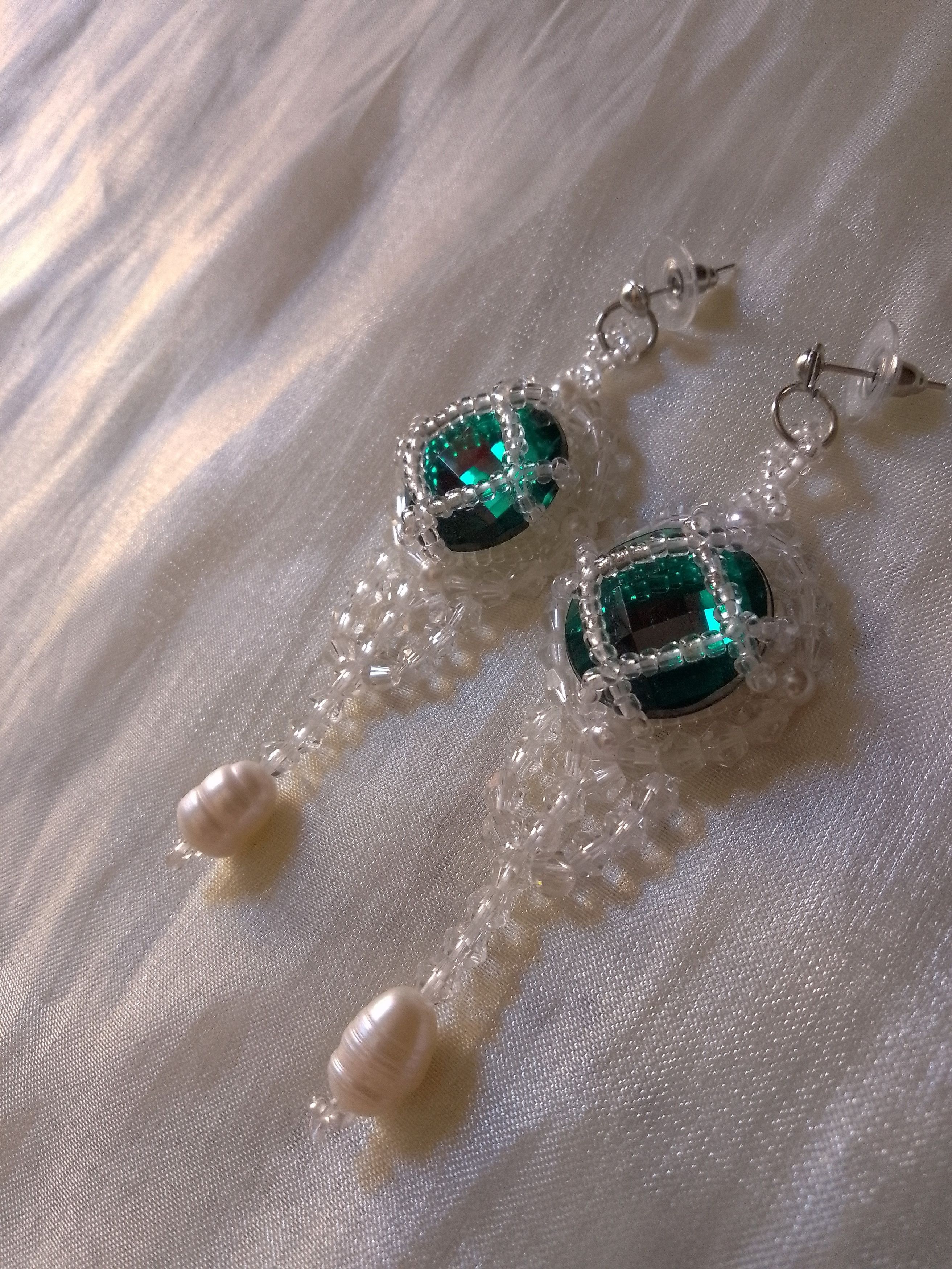 Handmade Chandelier dangle earrings Green zircons freshwater pearls Size ONE SIZE - 2 Thumbnail