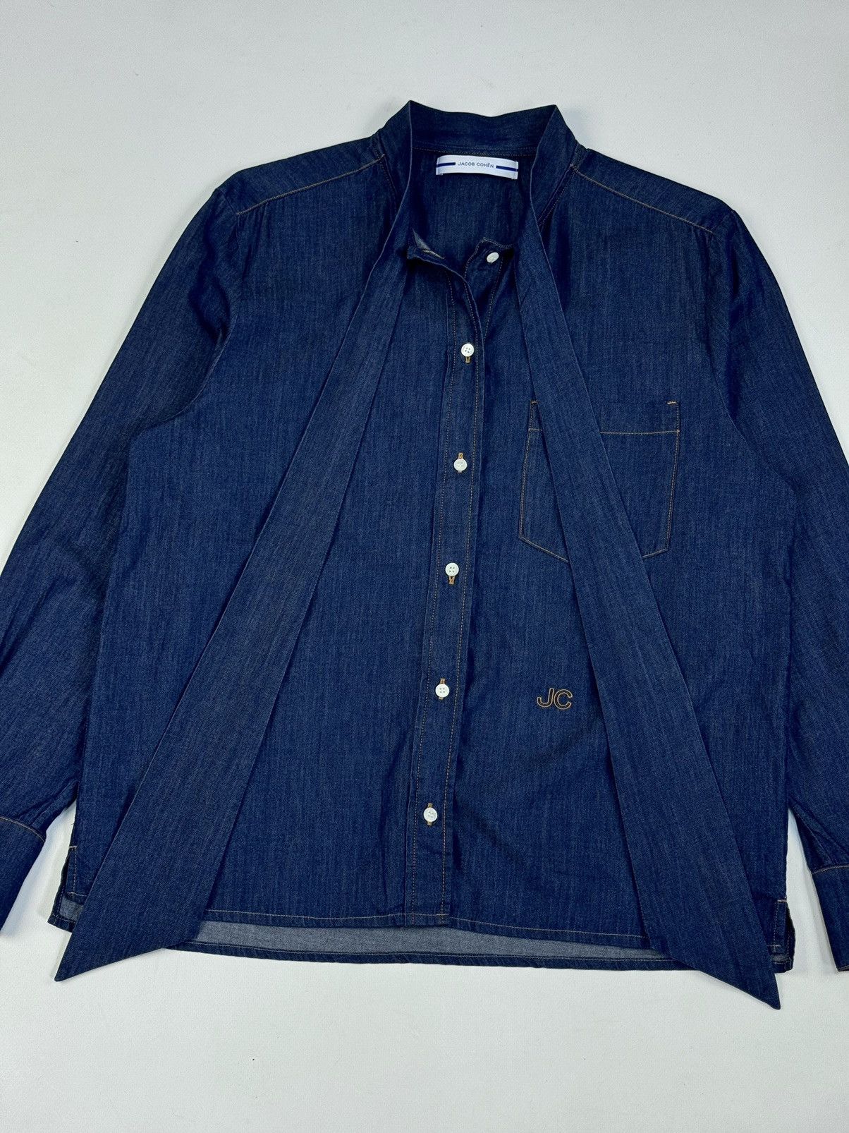 Designer × Jacob Cohen JACOB COHEN Jeans Denim Blue Bow Tie Ascot Collar Shirt Size L / US 10 / IT 46 - 6 Thumbnail