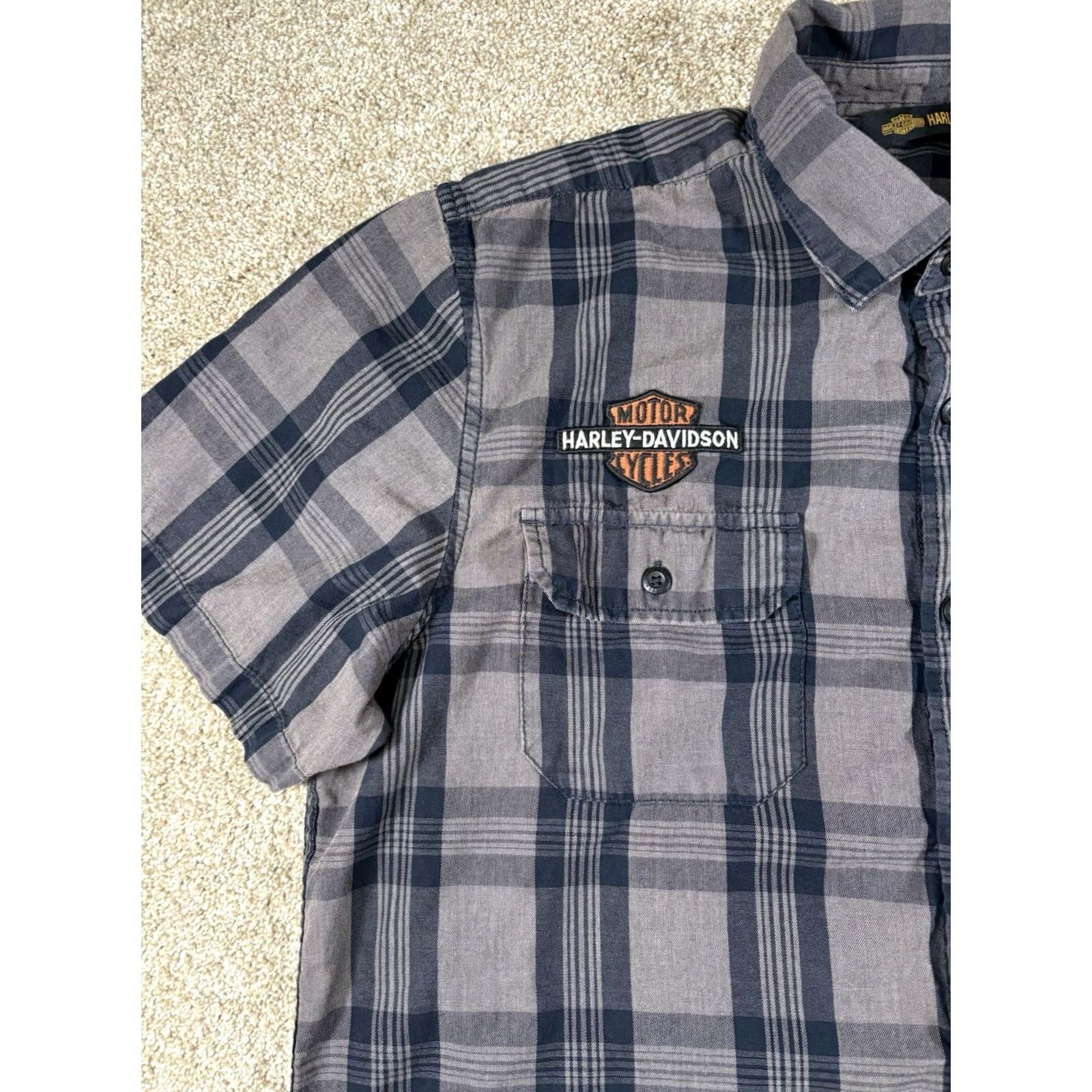 Harley Davidson Harley-Davidson Shirt Button-Up Plaid Short Sleeve Men L Grey Multicolor Cotton Flannel Classic Casual Pocketed Size US L / EU 52-54 / 3 - 2 Thumbnail
