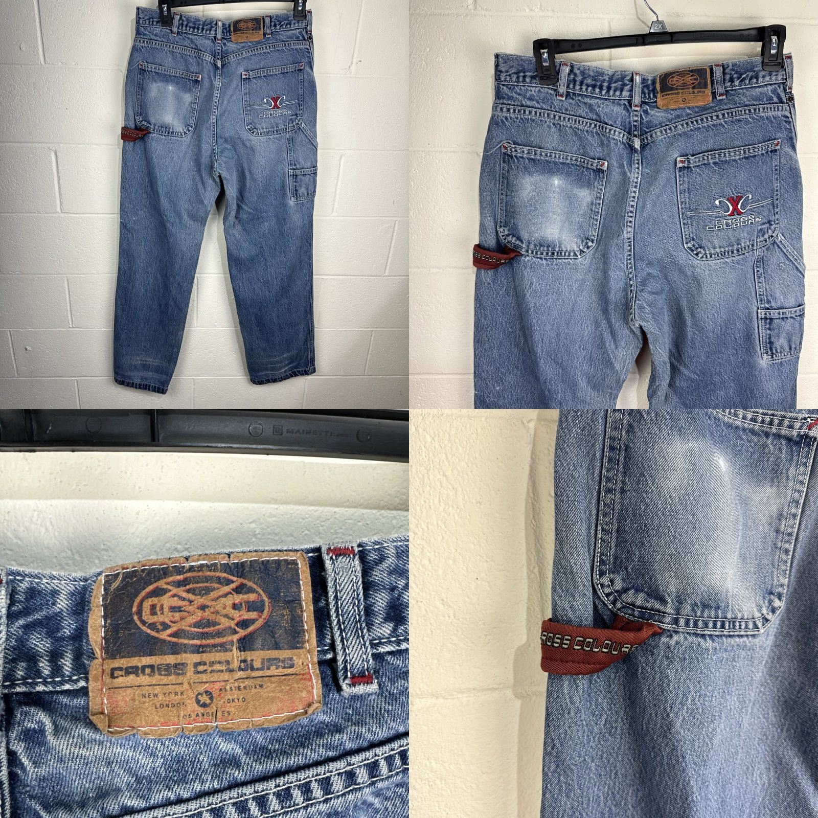 Vintage VINTAGE Cross Colours Crescent Green Wood Wide Leg Jeans 38x34 Medium Blue Denim 90s Mens Baggy Relaxed Hip Hop Logo 5-Pocket Distressed Jacket? Size US 38 / EU 54 - 9 Thumbnail
