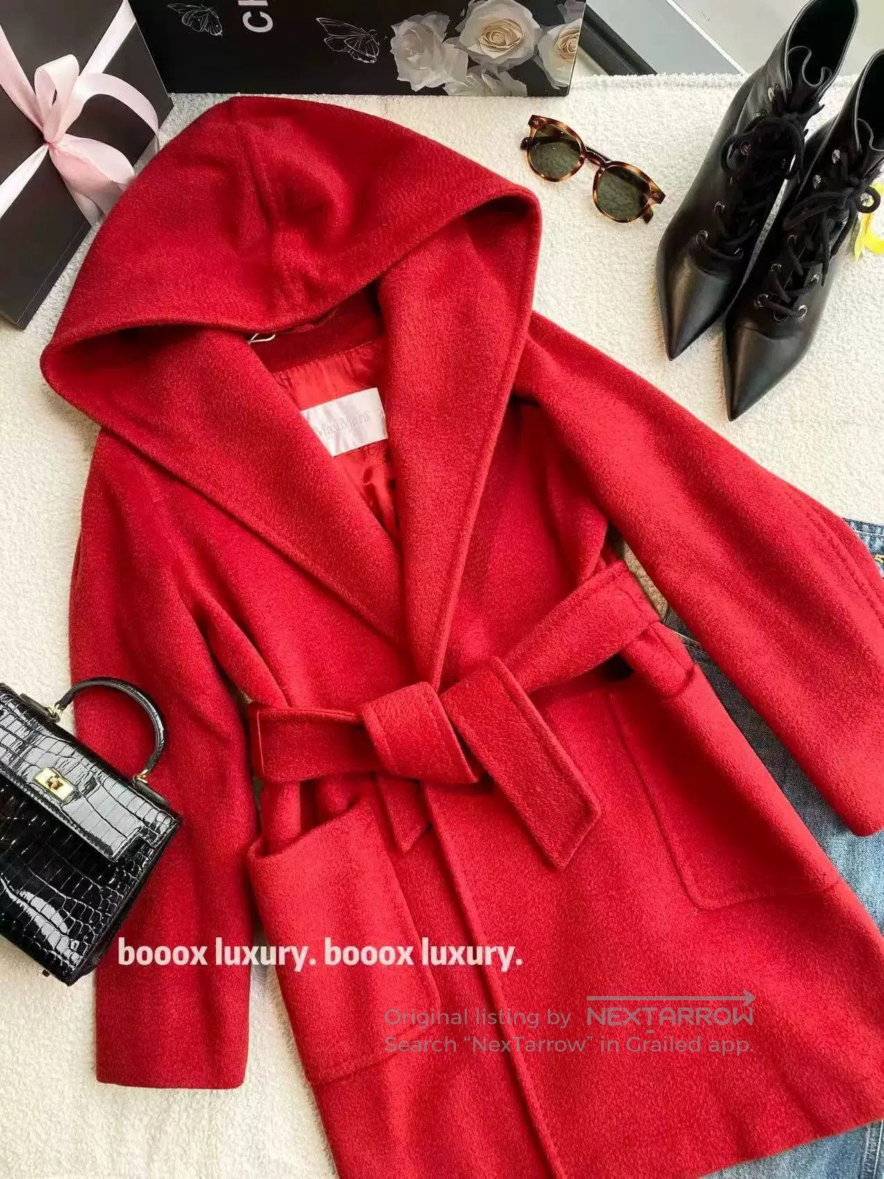 Max Mara Red Camel Hair Belted Coat.