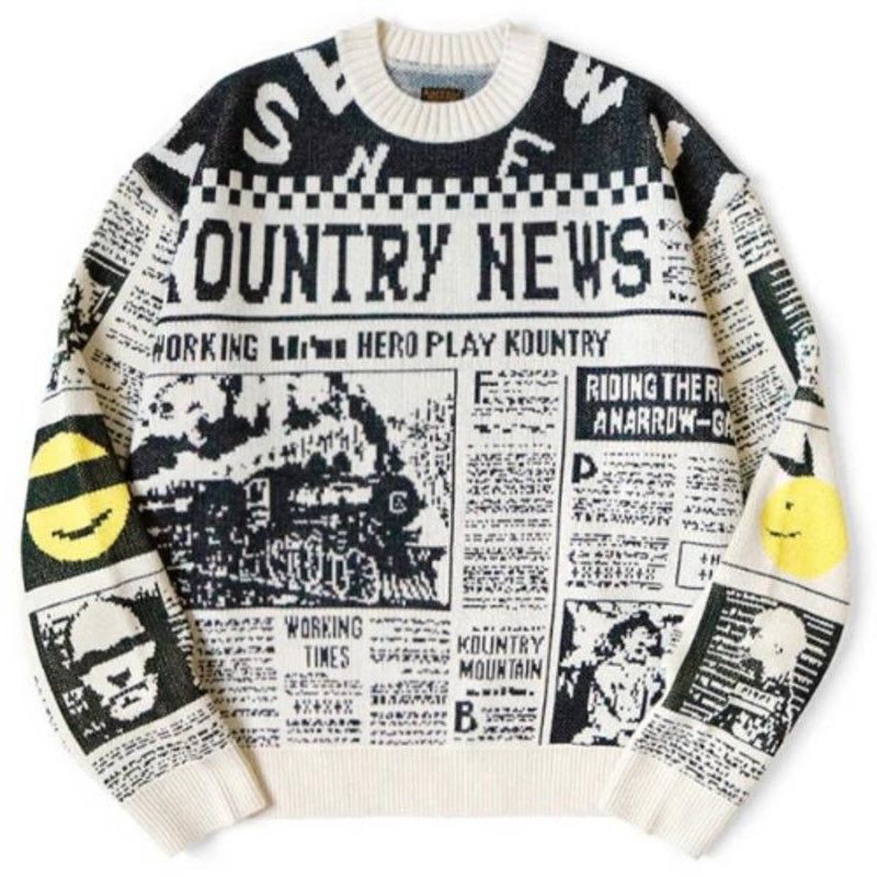 Kapital Kapital 8G Knit Newspaper Pattern Crew Sweater Kountry News Size US L / EU 52-54 / 3 - 1 Thumbnail