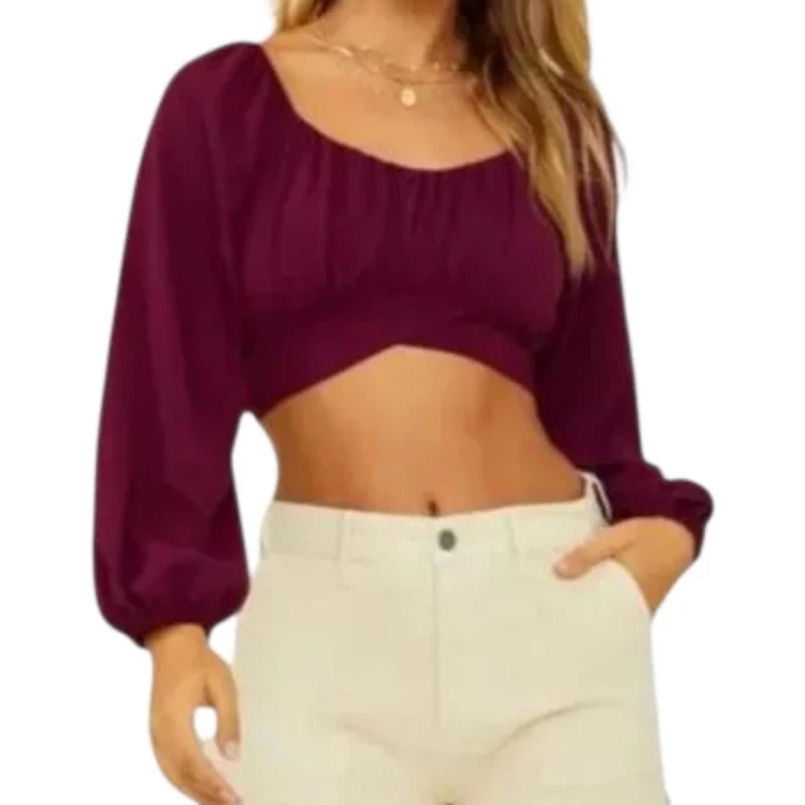 Other Altar'd State Crop Long Sleeve Square Neck Burgundy Top L Size L / US 10 / IT 46 - 1 Thumbnail