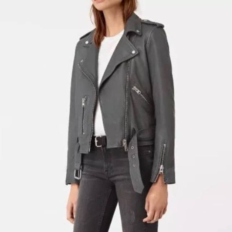 Image of Allsaints All Saints Balfern Biker Jacket Gray Leather Moto in Grey, Women's (Size XS)